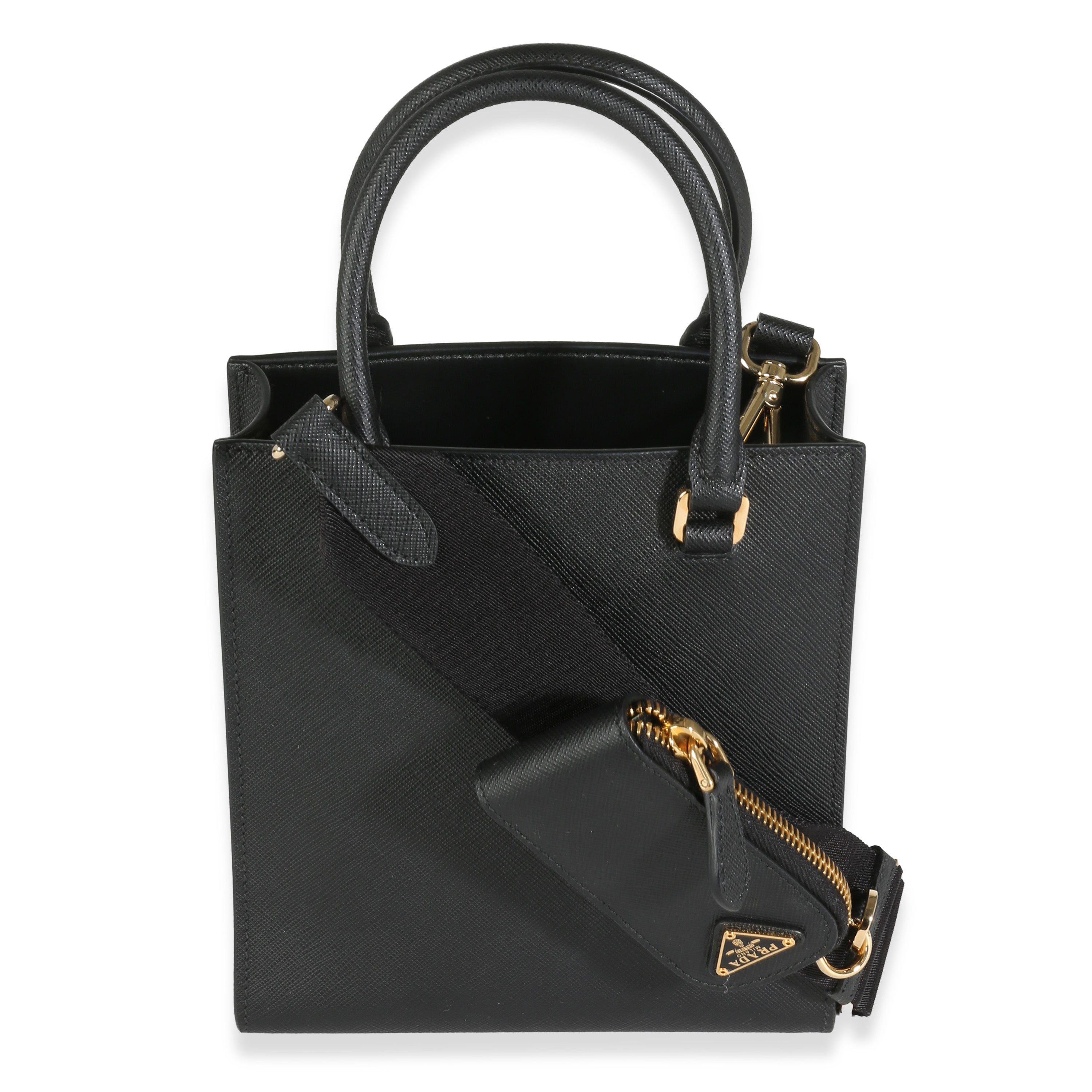 PRADA - Black Saffiano Lux Embossed Logo Mini Tote Crossbody Bag