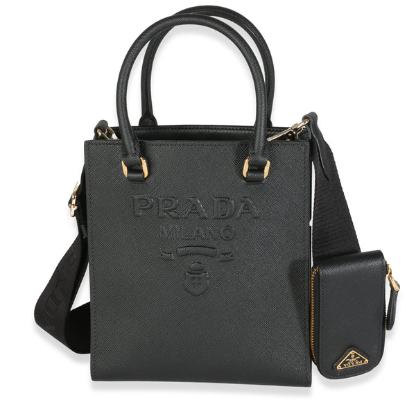 PRADA - Black Saffiano Lux Embossed Logo Mini Tote Crossbody Bag