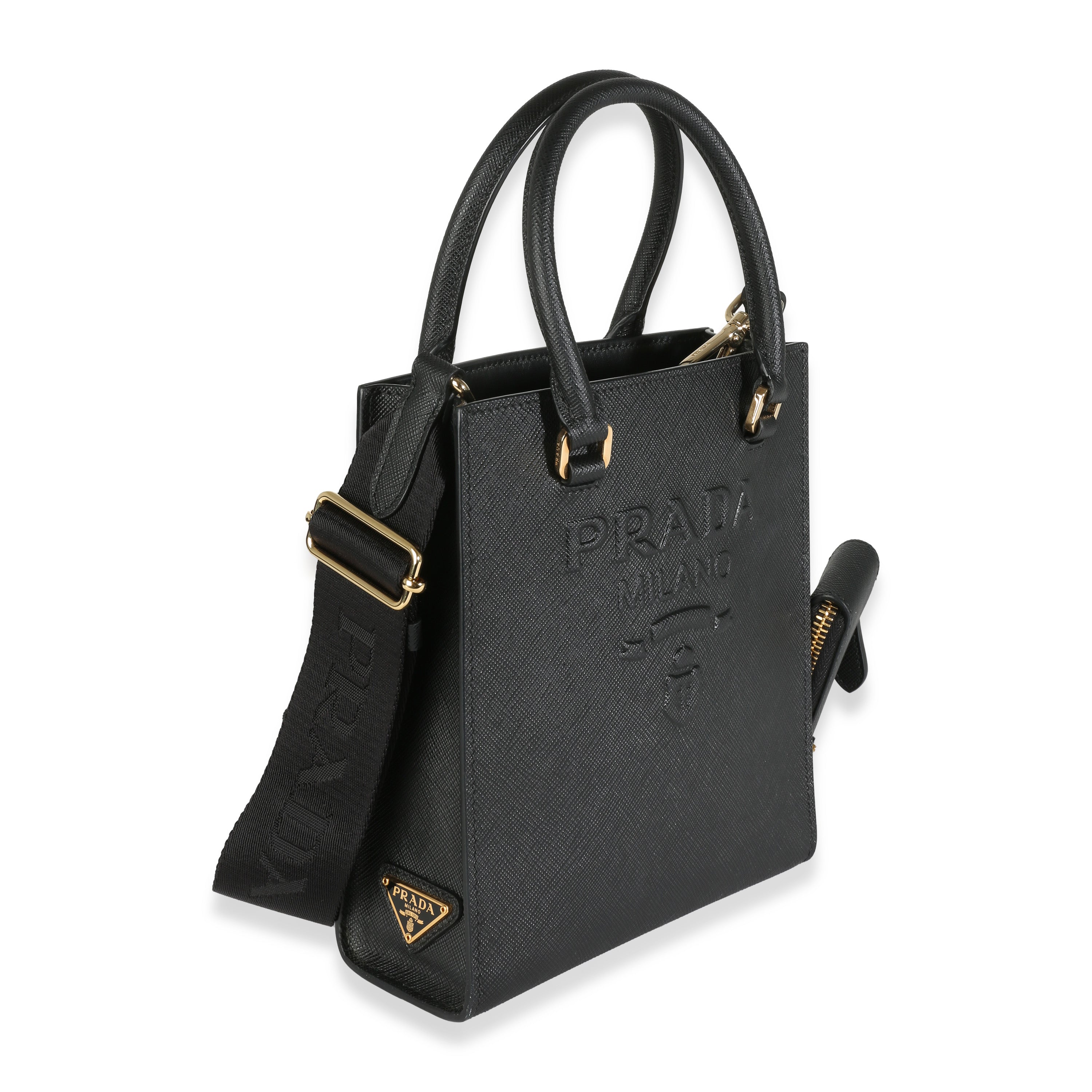 【PRADA】LOGO MINI TOTEBAG PRADA - Black Saffiano Lux Embossed Logo Mini Tote Crossbody Bag