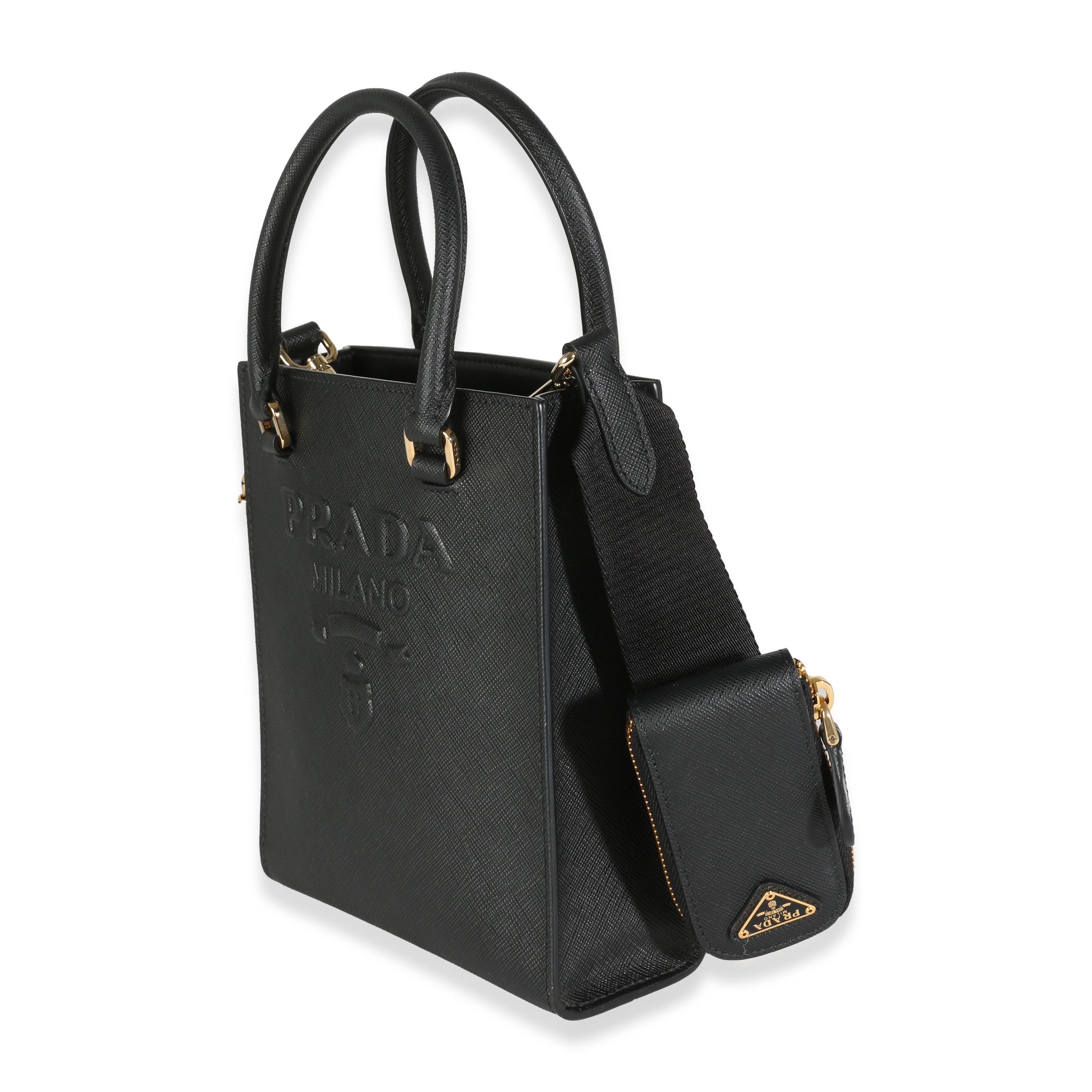 PRADA - Black Saffiano Lux Embossed Logo Mini Tote Crossbody Bag