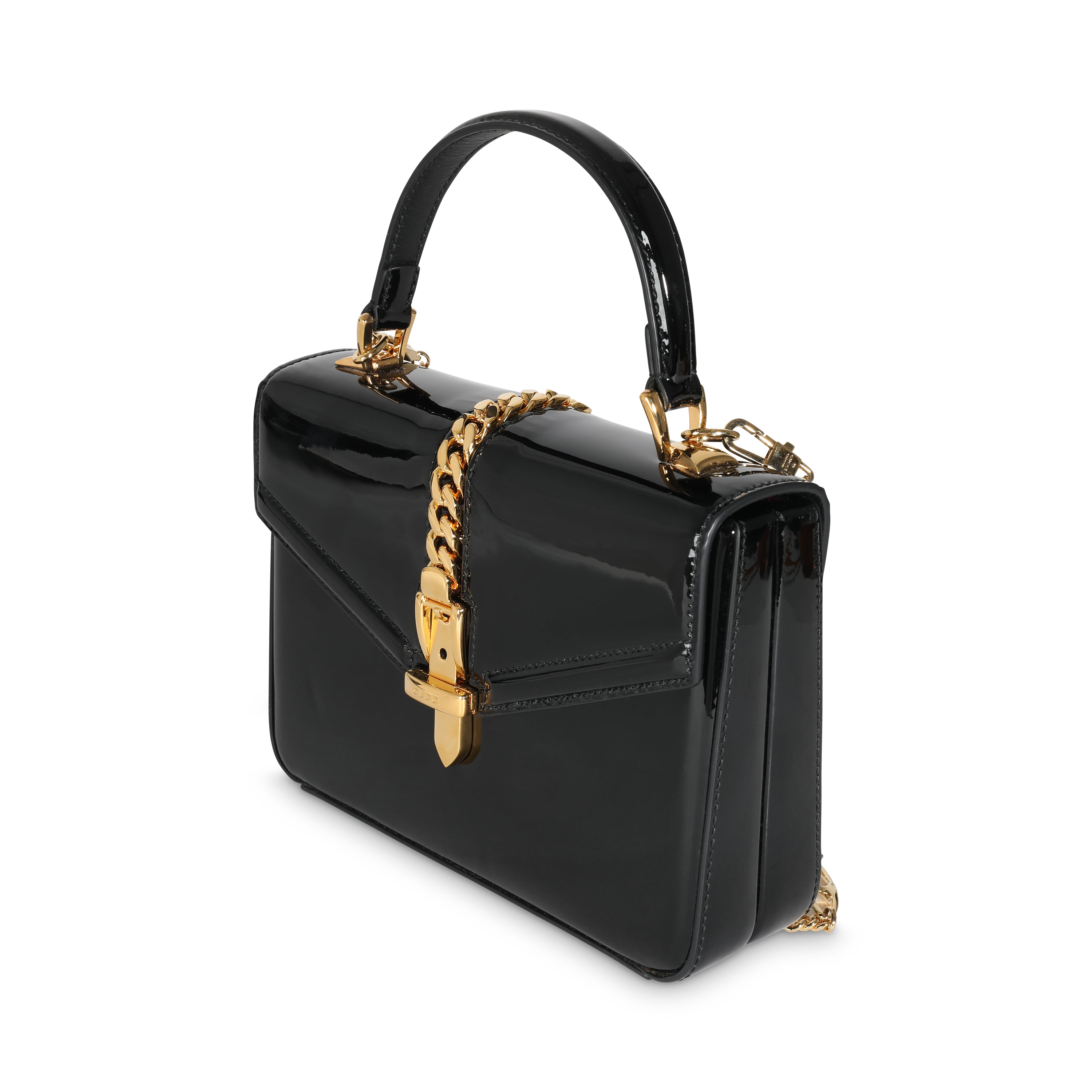GUCCI - Mini Sylvie 1969 de charol negro con asa superior