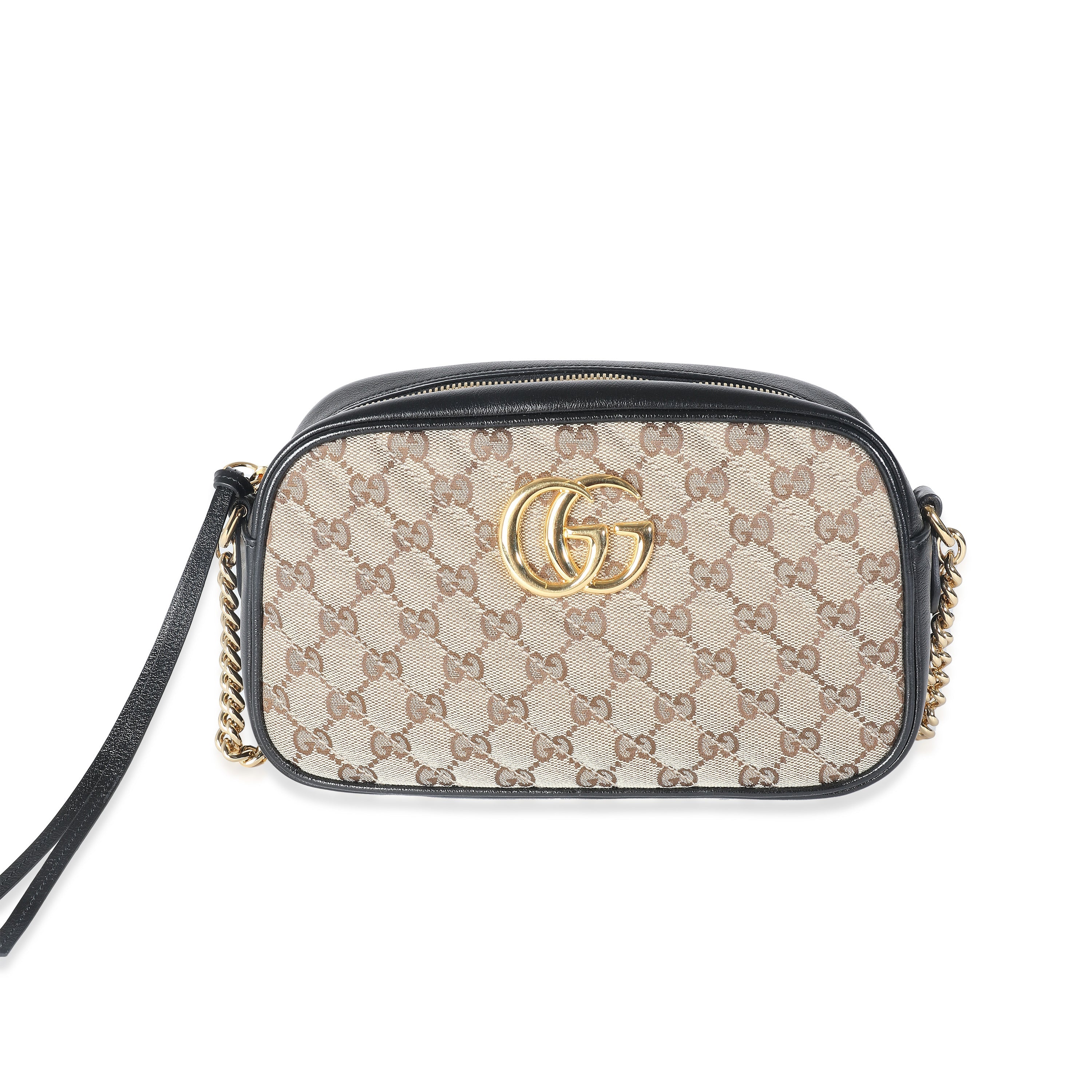 GUCCI - Bolso bandolera Marmont pequeño de lona con motivo GG en diagonal y acabado matelasse en color beige