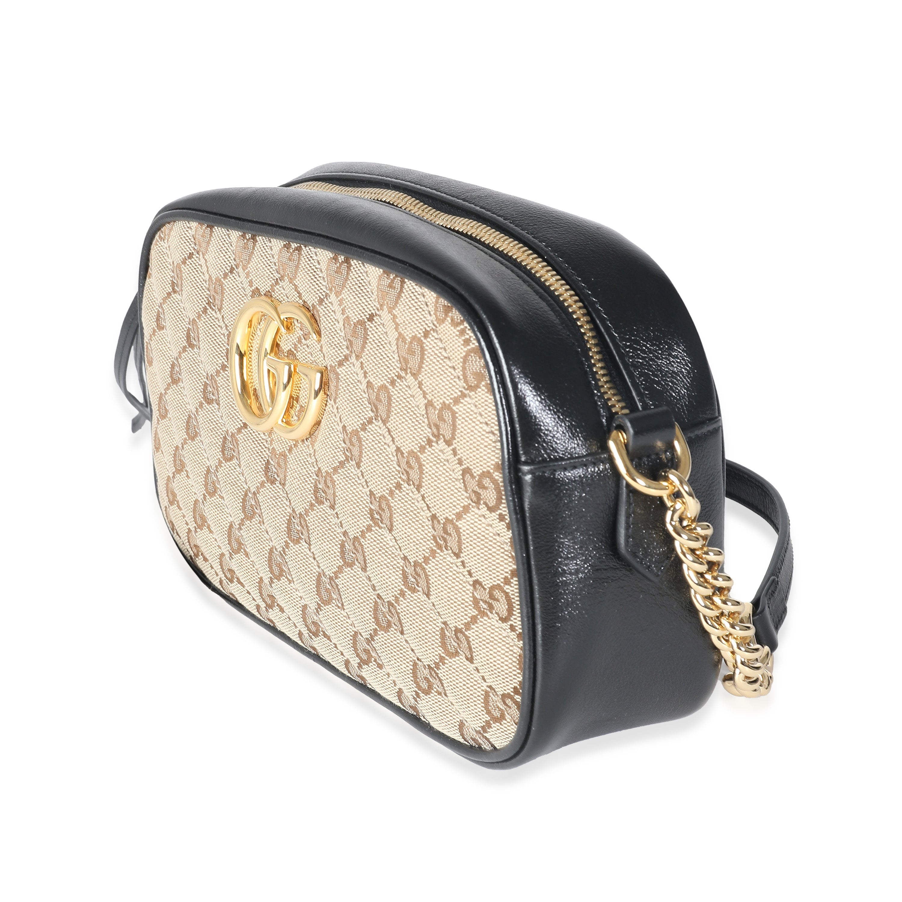 GUCCI - Bolso bandolera Marmont pequeño de lona con motivo GG en diagonal y acabado matelasse en color beige