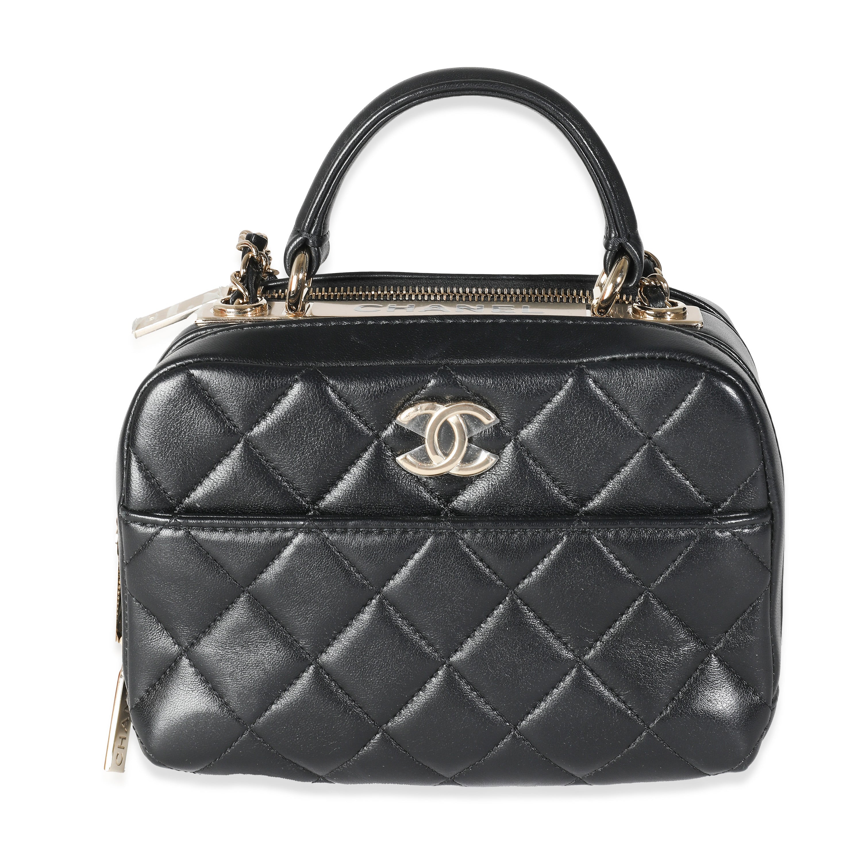 Bolso de bolos CC 20P mini de piel de cordero acolchada negra de segunda mano