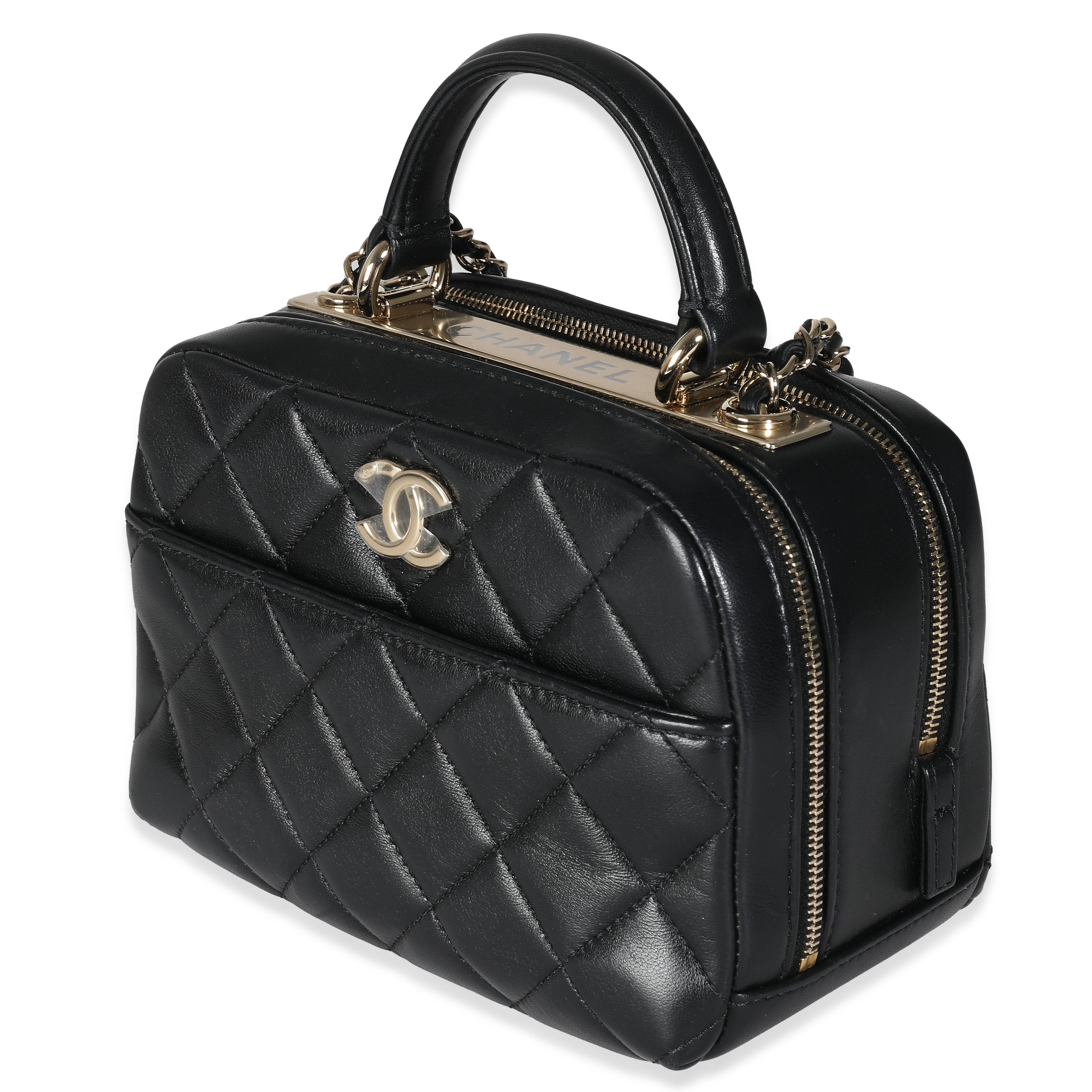 Bolso de bolos CC 20P mini de piel de cordero acolchada negra de segunda mano