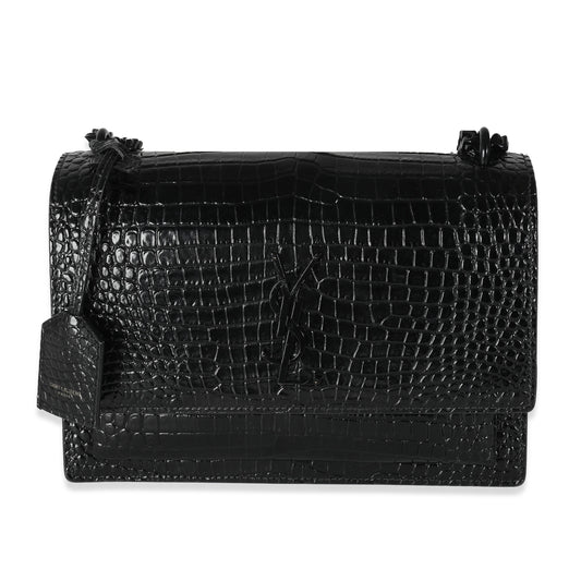 SAINT LAURENT - Black Croc Embossed Calfskin Medium Sunset