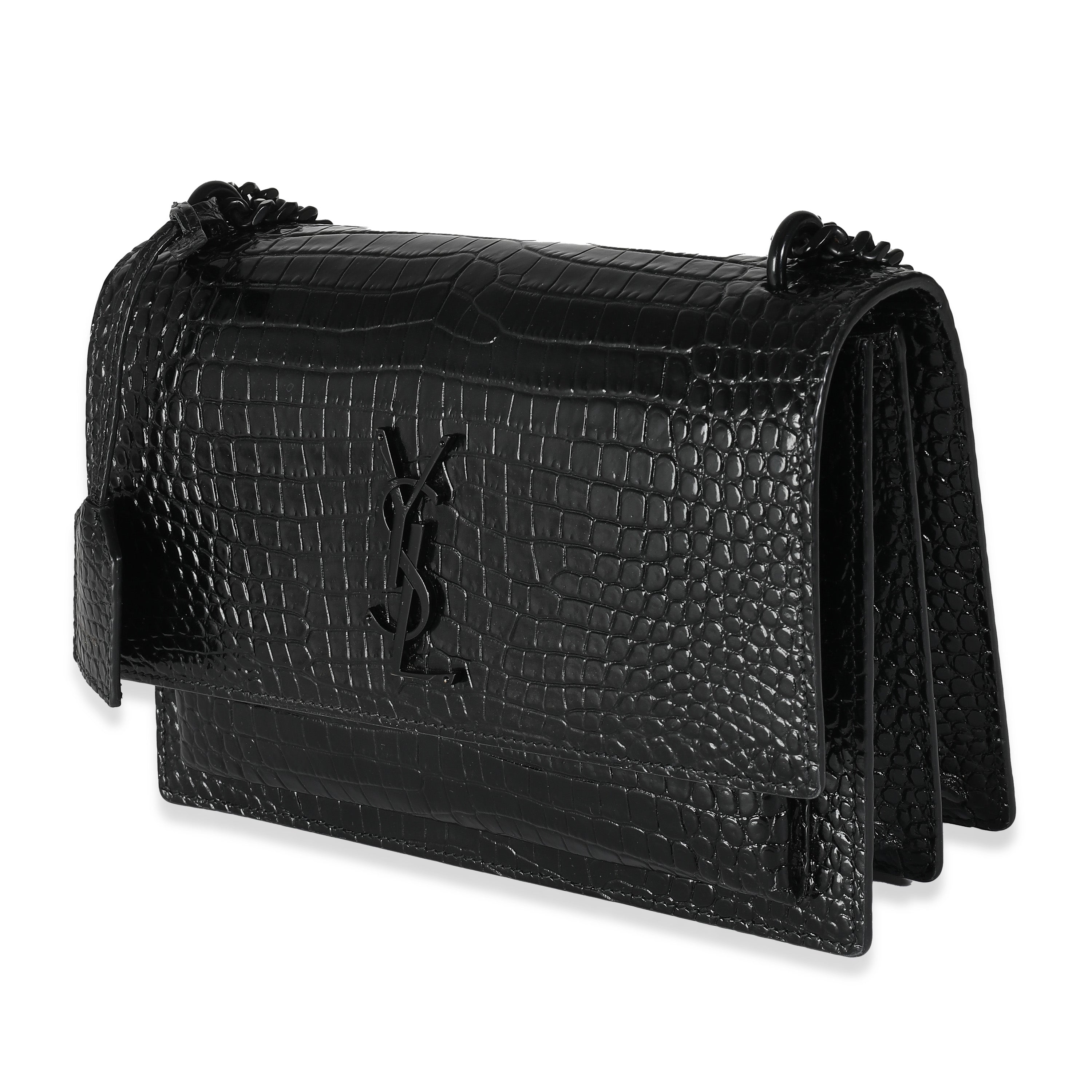 SAINT LAURENT - Black Croc Embossed Calfskin Medium Sunset