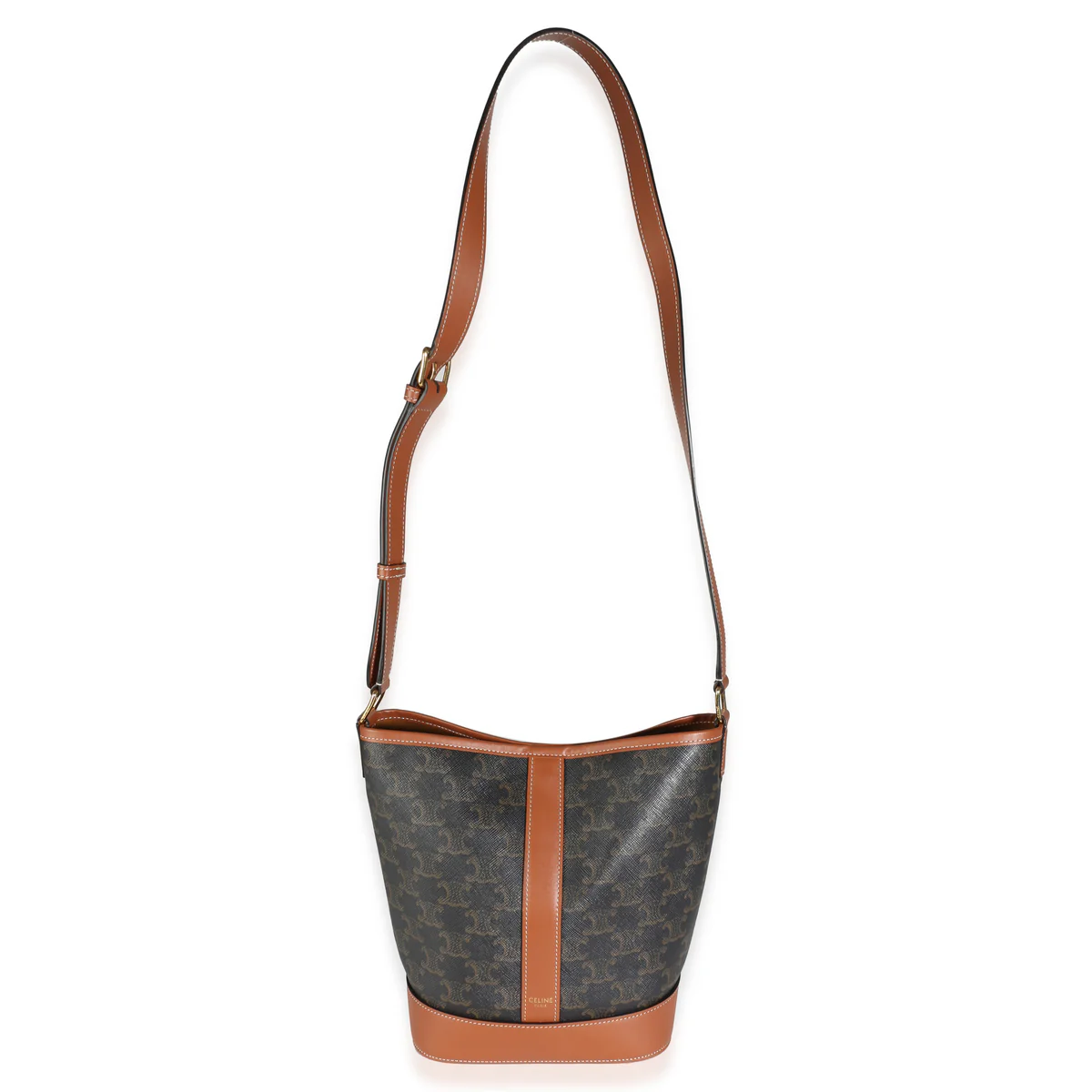 CELINE - Bolso bandolera tipo cubo pequeño de lona Triomphe de piel de becerro color tostado