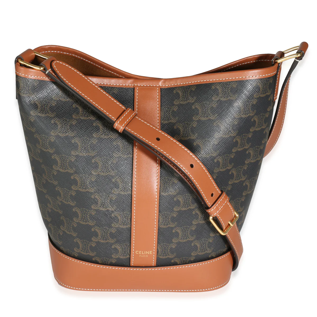 CELINE - Bolso bandolera tipo cubo pequeño de lona Triomphe de piel de becerro color tostado