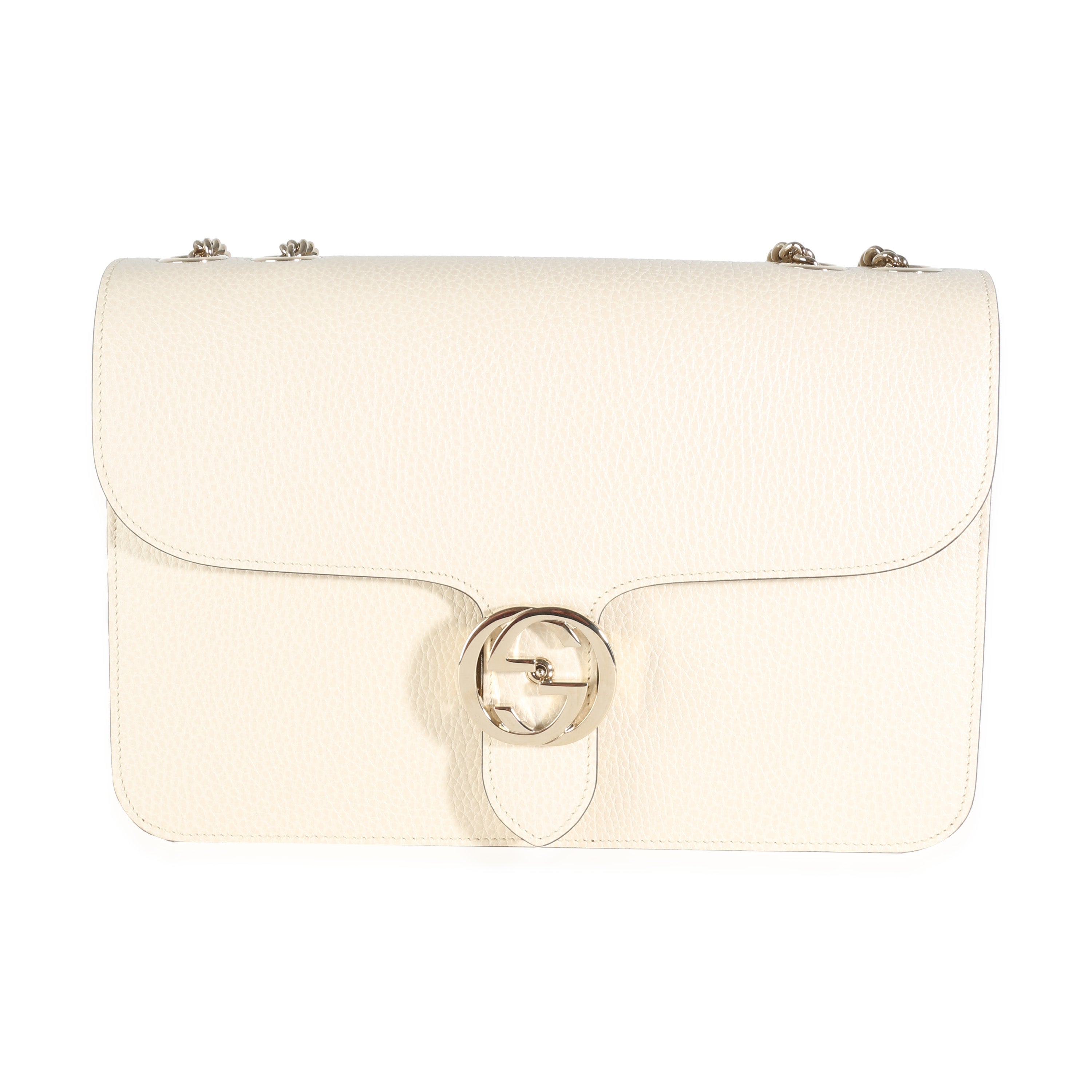 GUCCI - Bolso bandolera mediano con solapa entrelazada y G de piel de becerro en color blanco Dollar