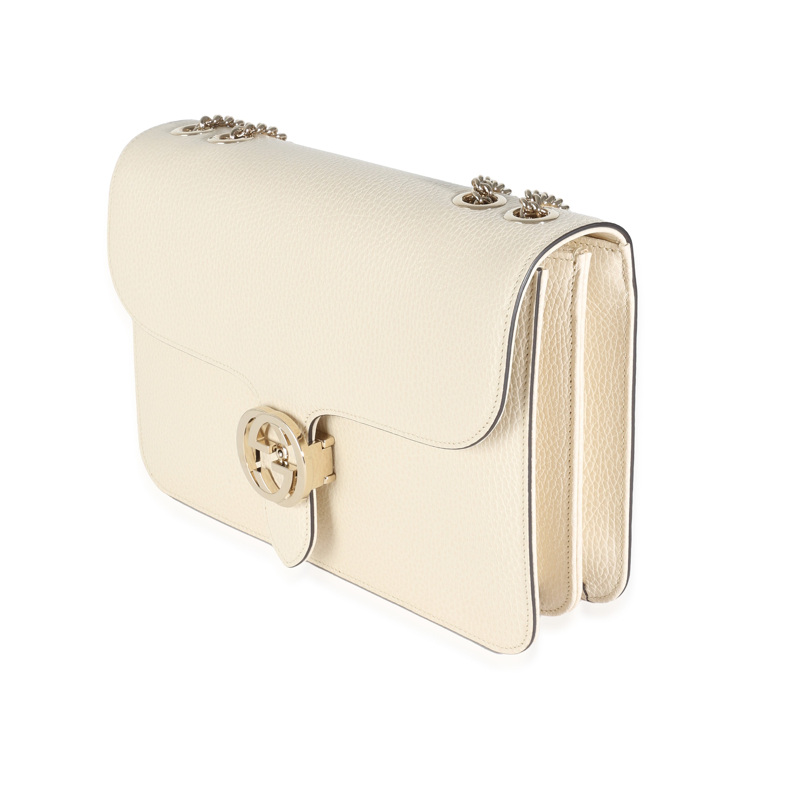 GUCCI - Bolso bandolera mediano con solapa entrelazada y G de piel de becerro en color blanco Dollar