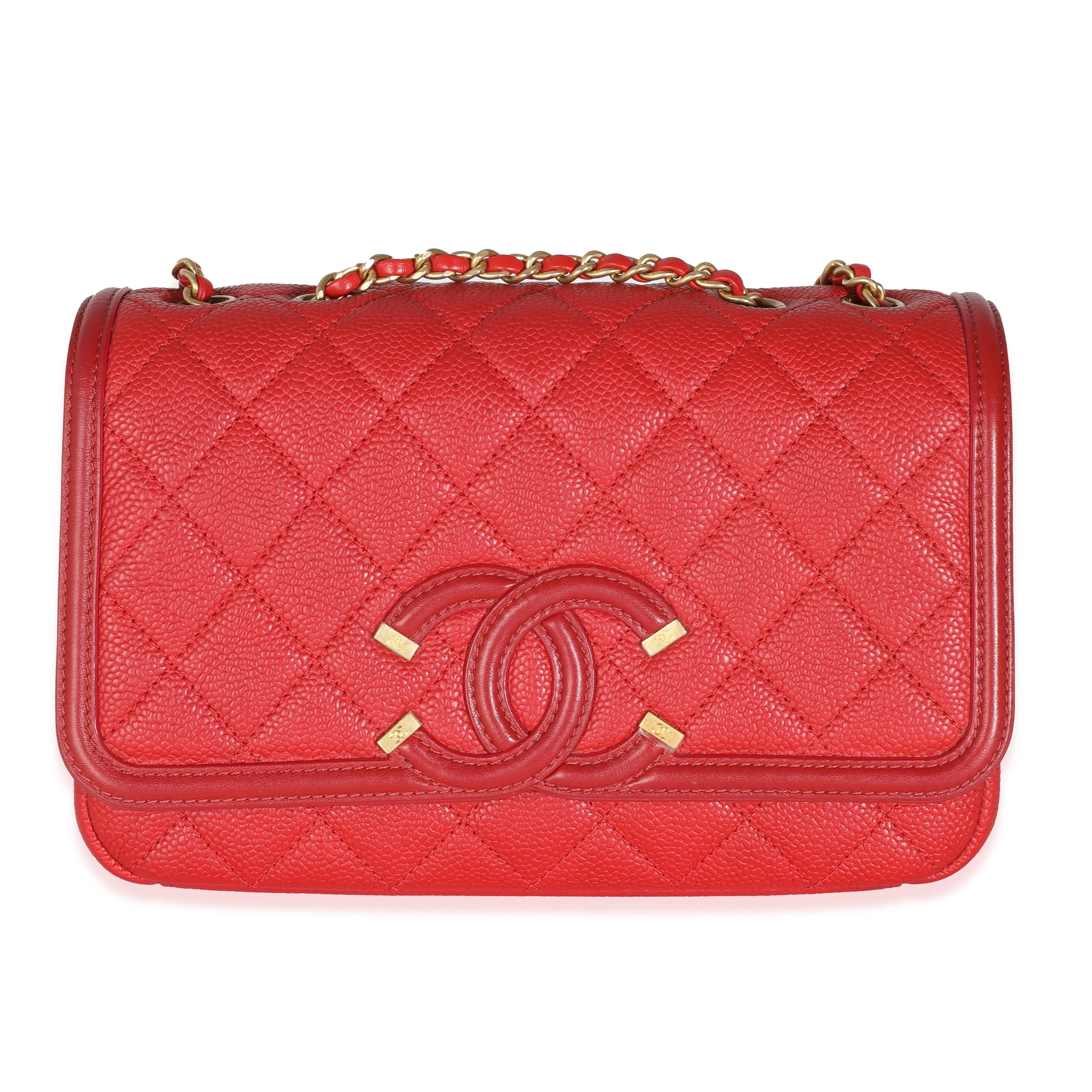 Bolso pequeño con solapa y filigrana CC Red Quilted Caviar de segunda mano 