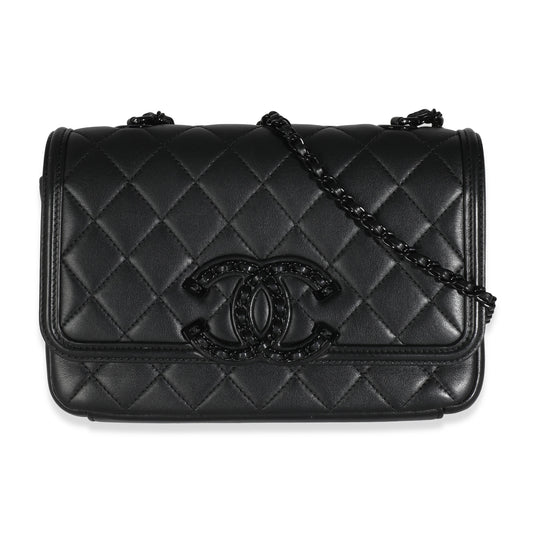 PRE-OWNED CC Black Quilted Lambskin Medium CC Filigree Flap Bag