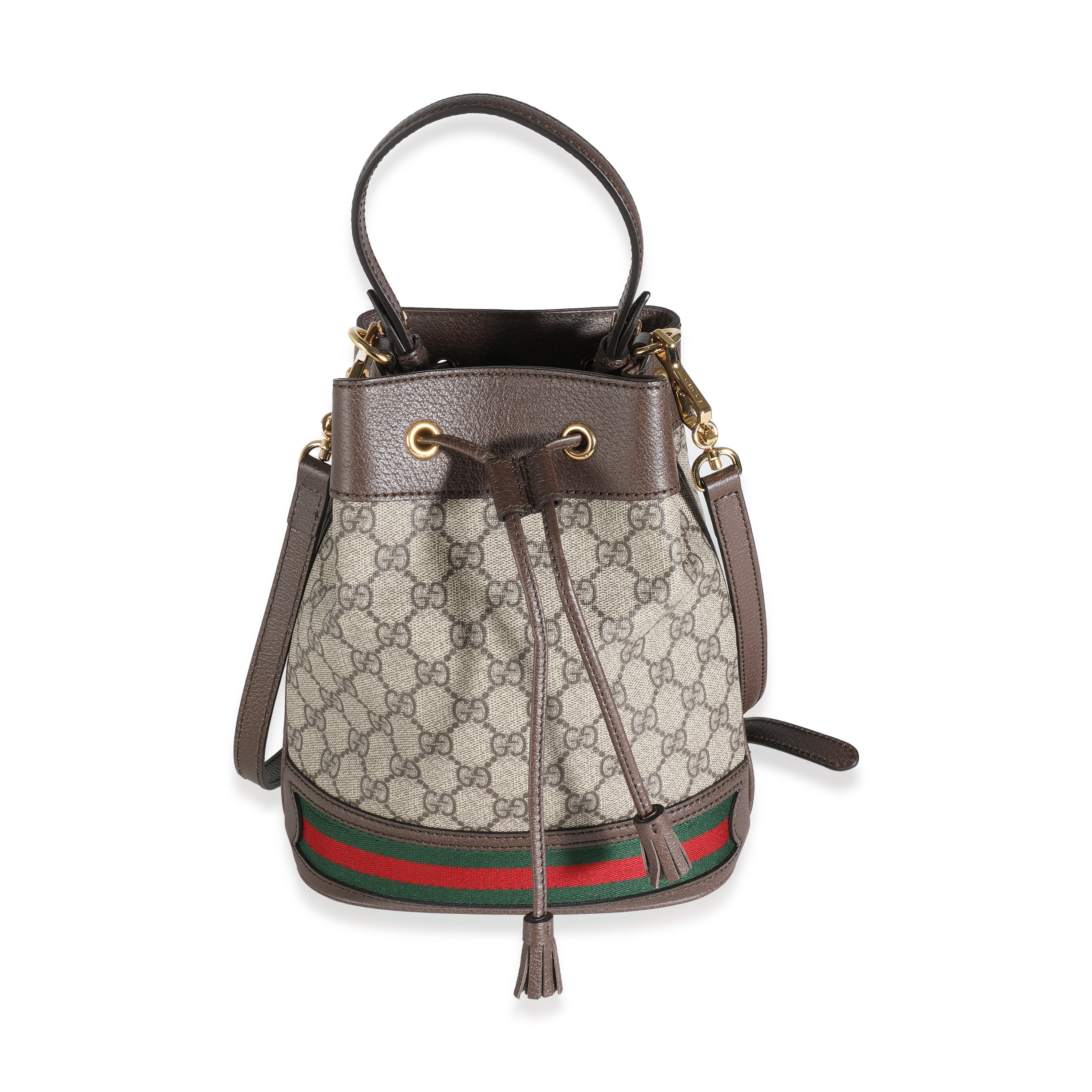 Bolso tipo cubo pequeño Ophidia de lona con tribanda GG Supreme en color beige de segunda mano