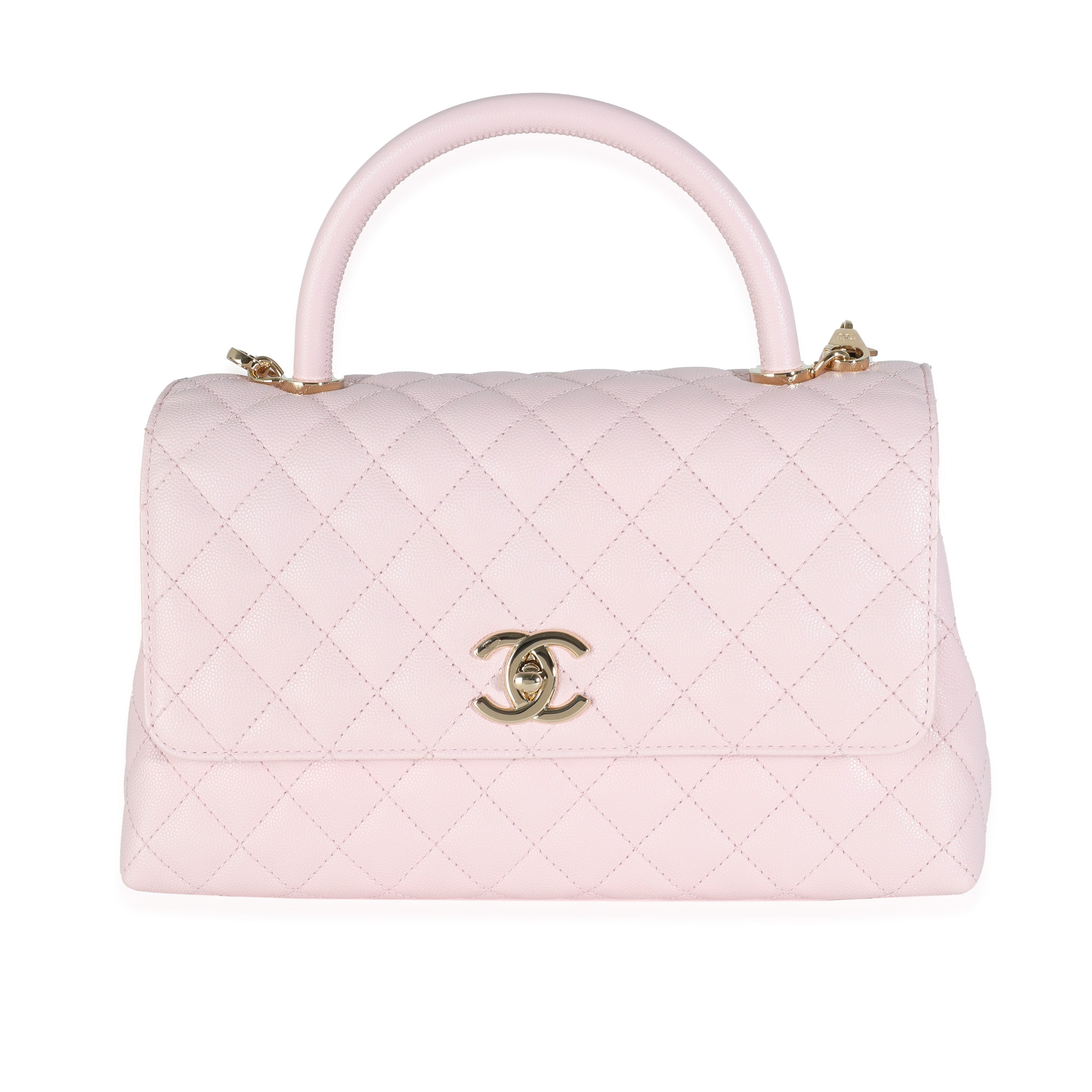 Bolso pequeño con asa en la parte superior en caviar acolchado color rosa CC USADO