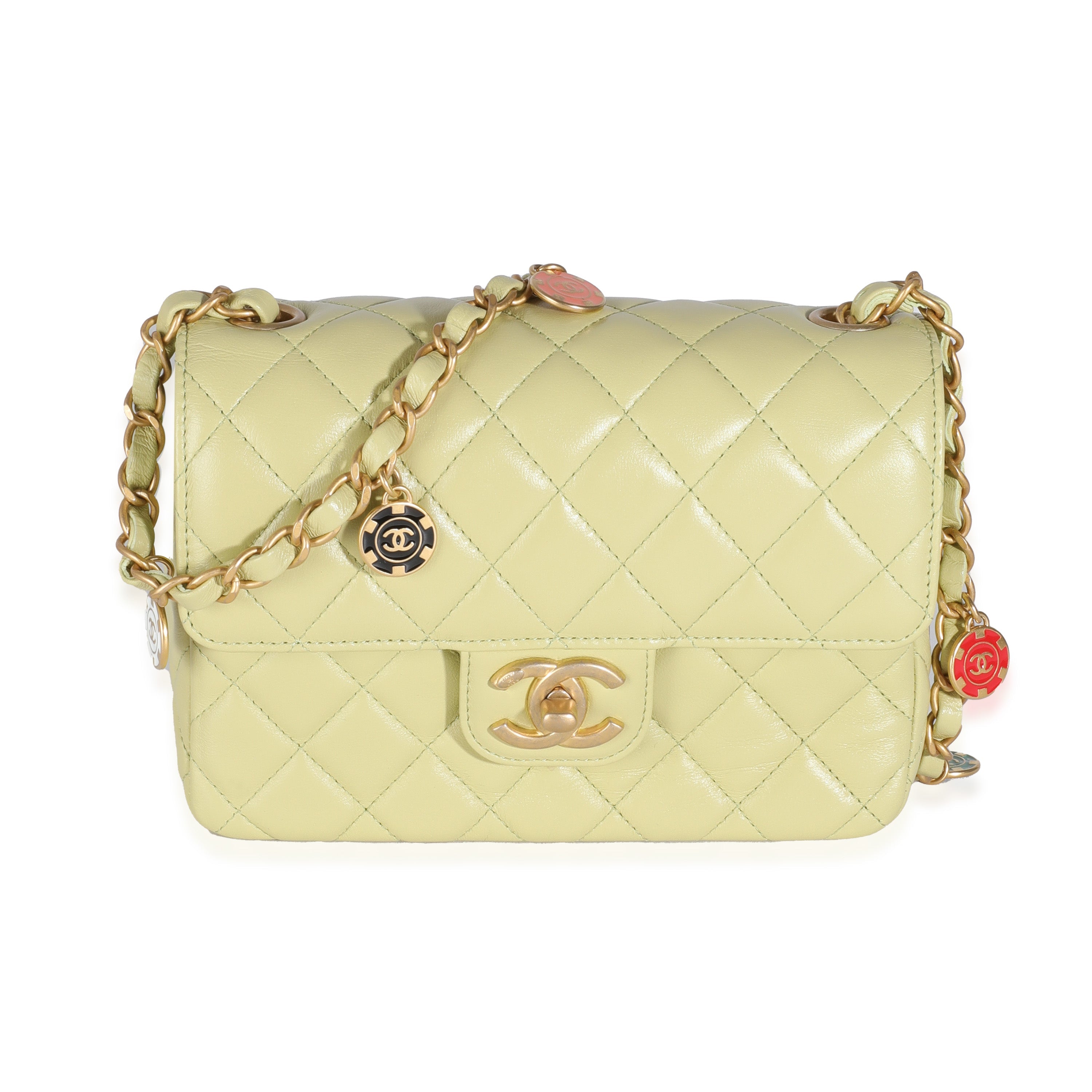 Bolso mini con solapa y cadena para monedas de piel de cordero acolchada verde CC USADO