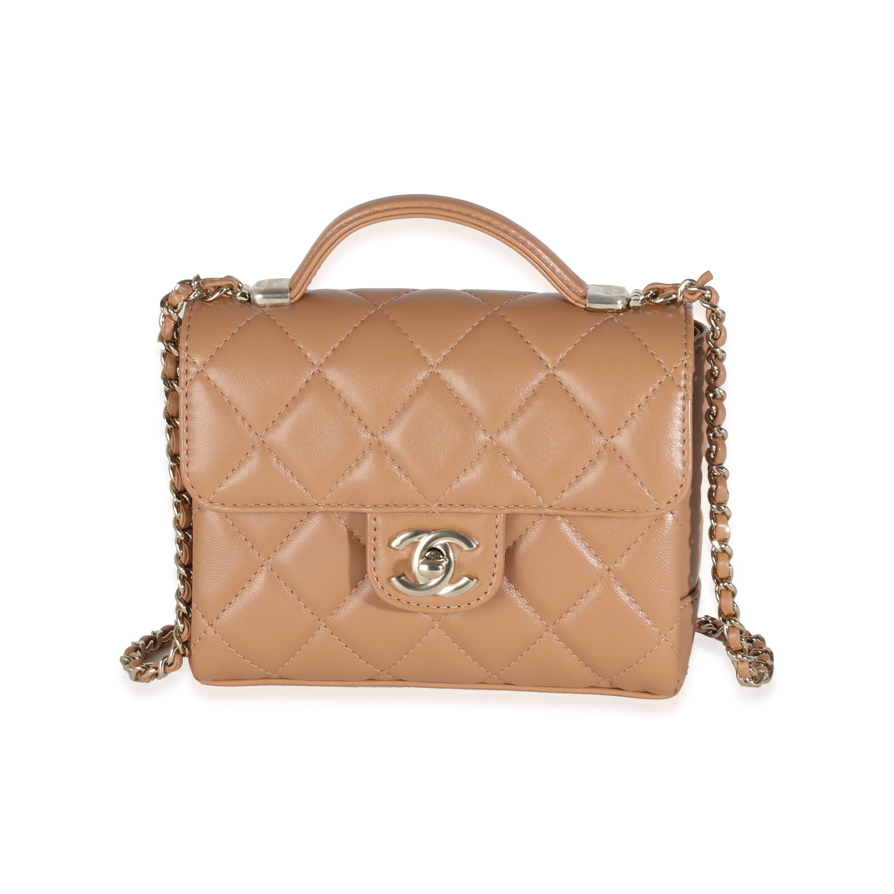 Minibolso CC de piel de cordero acolchada beige oscuro con solapa y asa superior, USADO