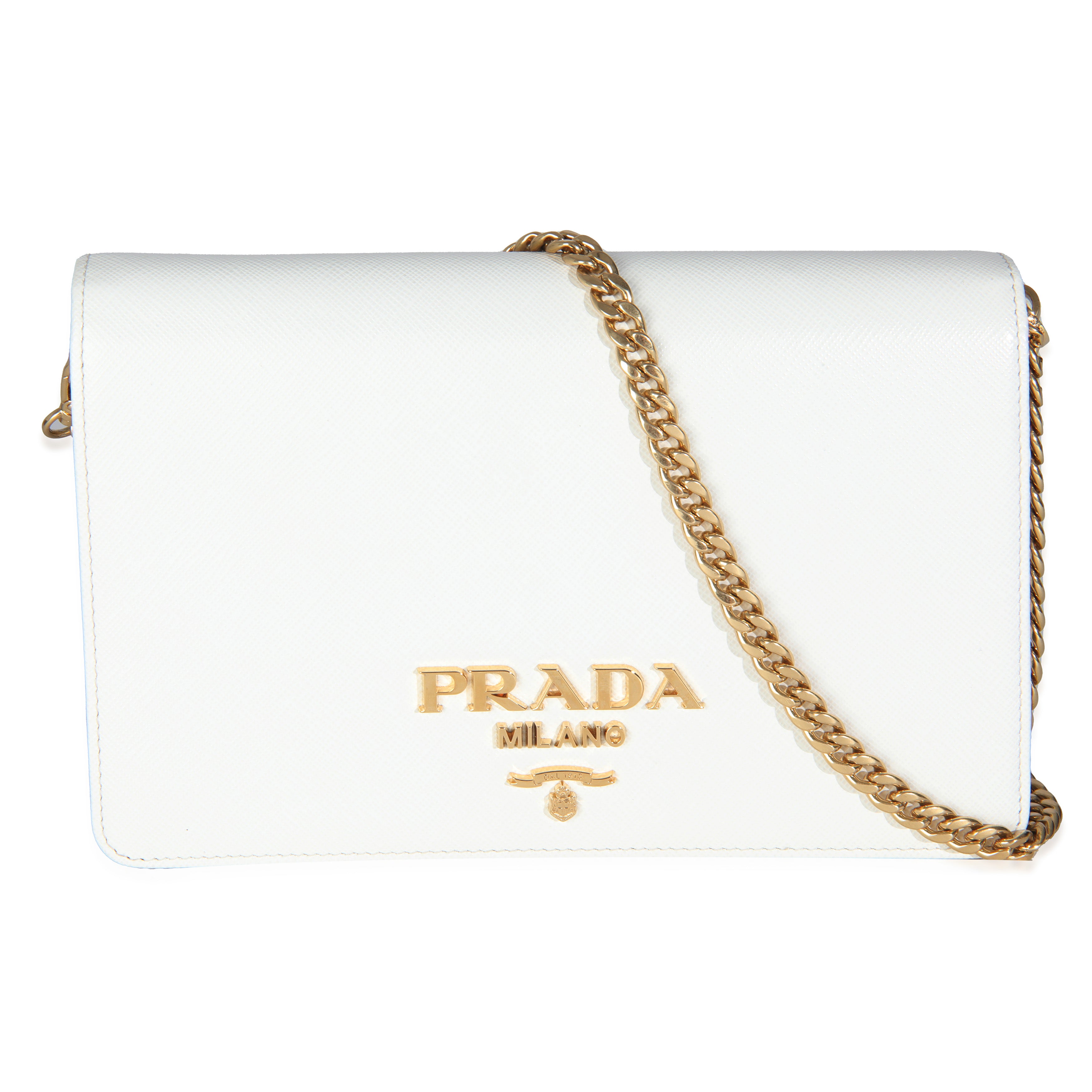 PRE-OWNED White Saffiano Logo Chain Wallet