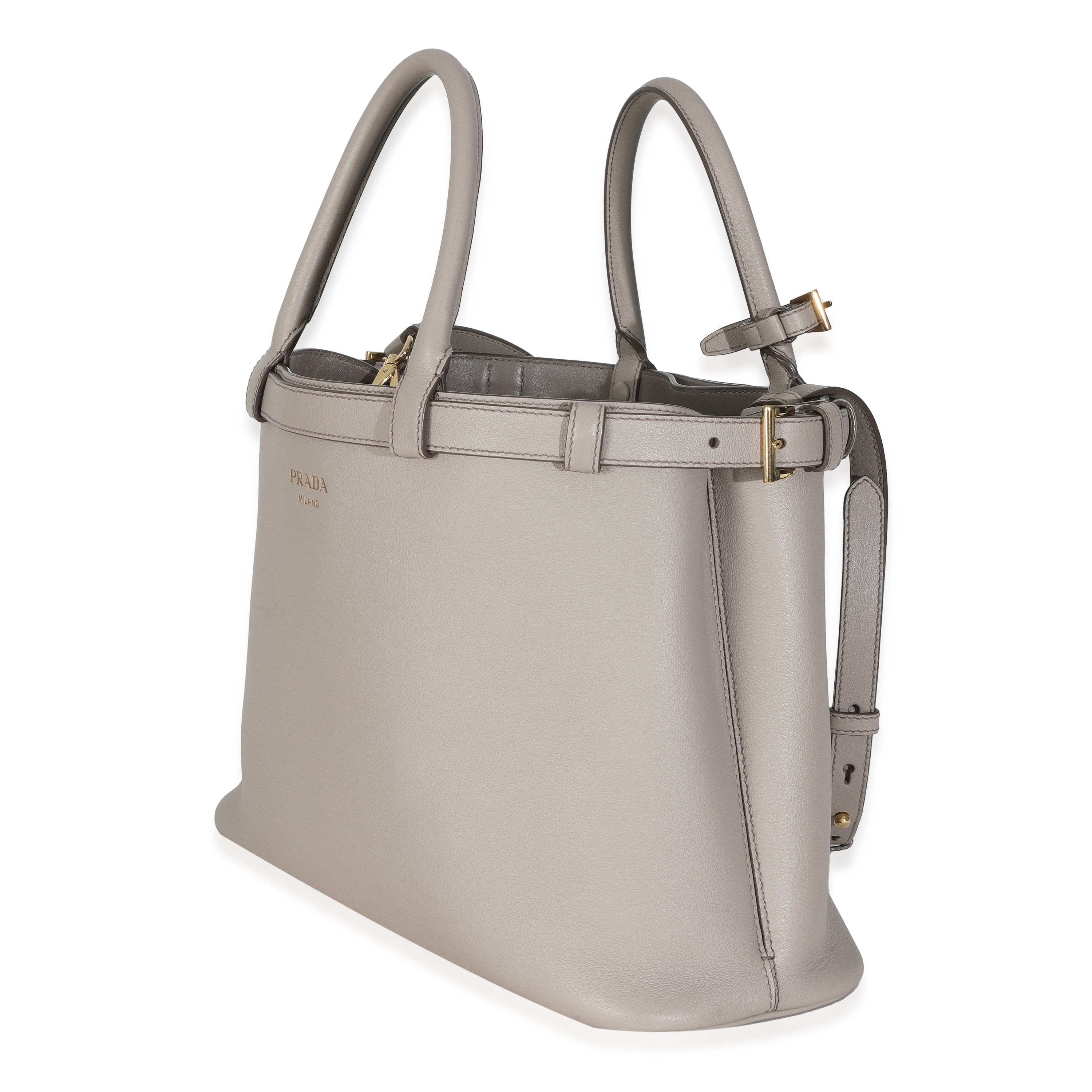 PRE-OWNED Grey Soft Grained Calfskin Vitello Medium Buckle Bag
