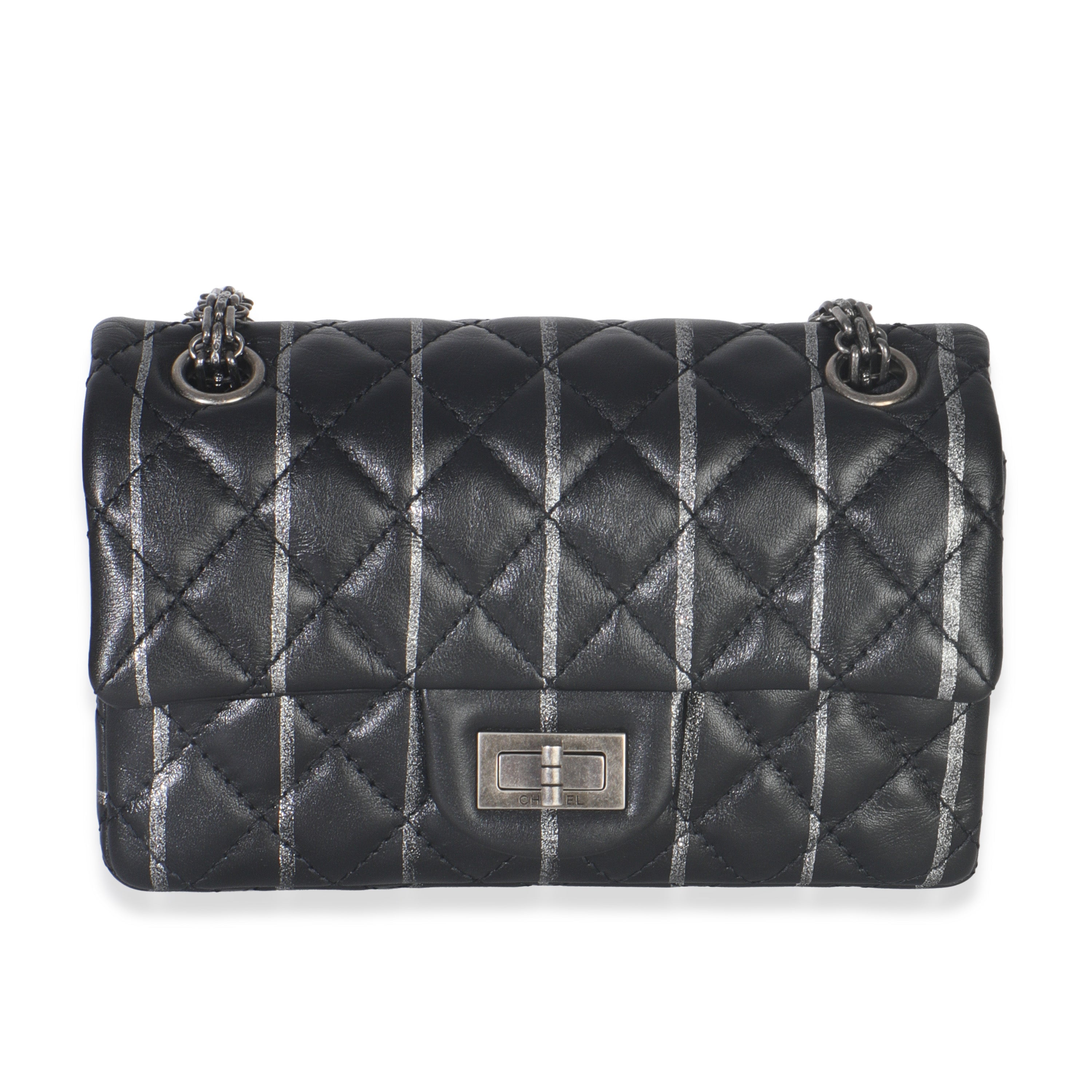 PRE-OWNED CC Black Quilted Aged Calfskin Glitter Stripe Mini Reissue 2.55 Flap Bag
