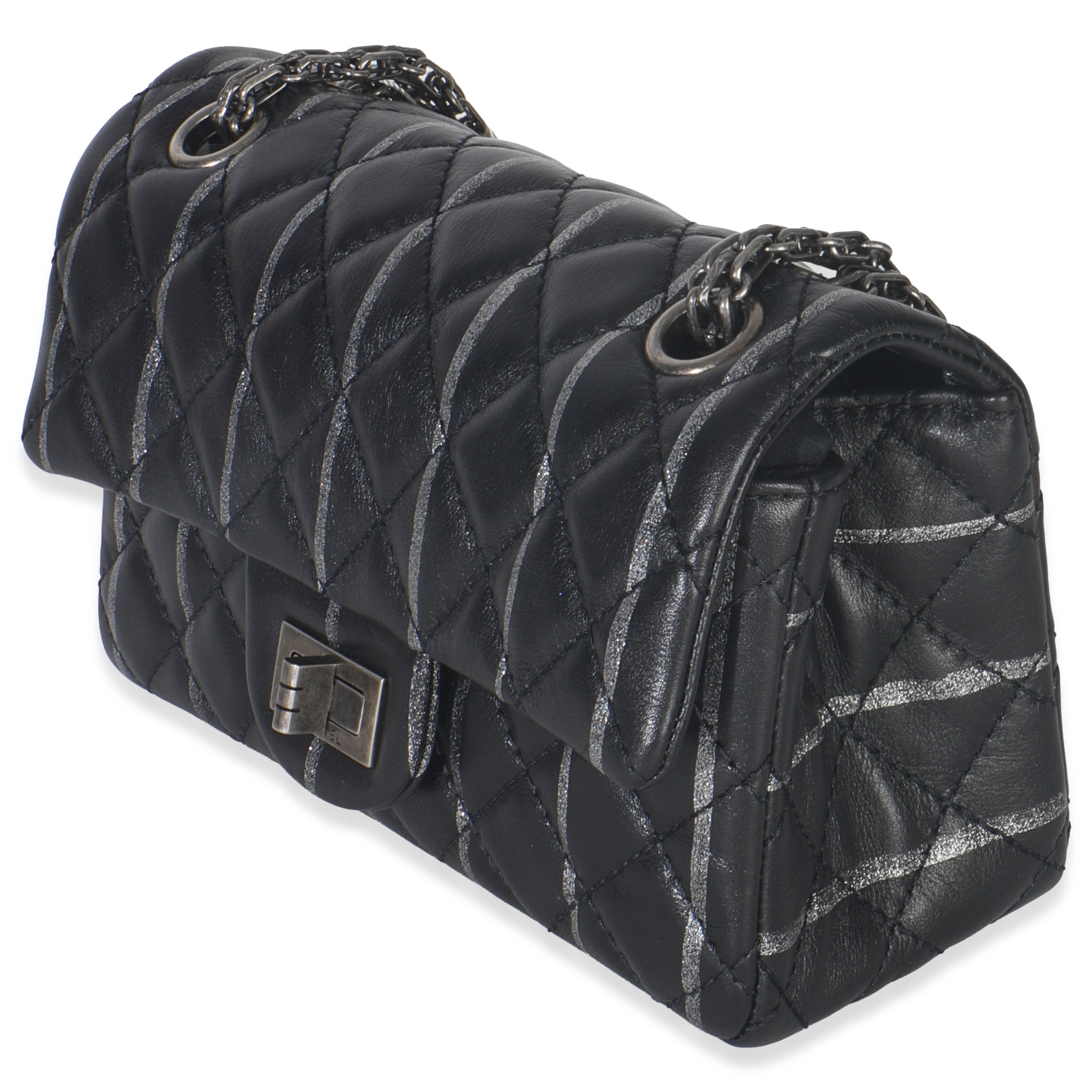 PRE-OWNED CC Black Quilted Aged Calfskin Glitter Stripe Mini Reissue 2.55 Flap Bag