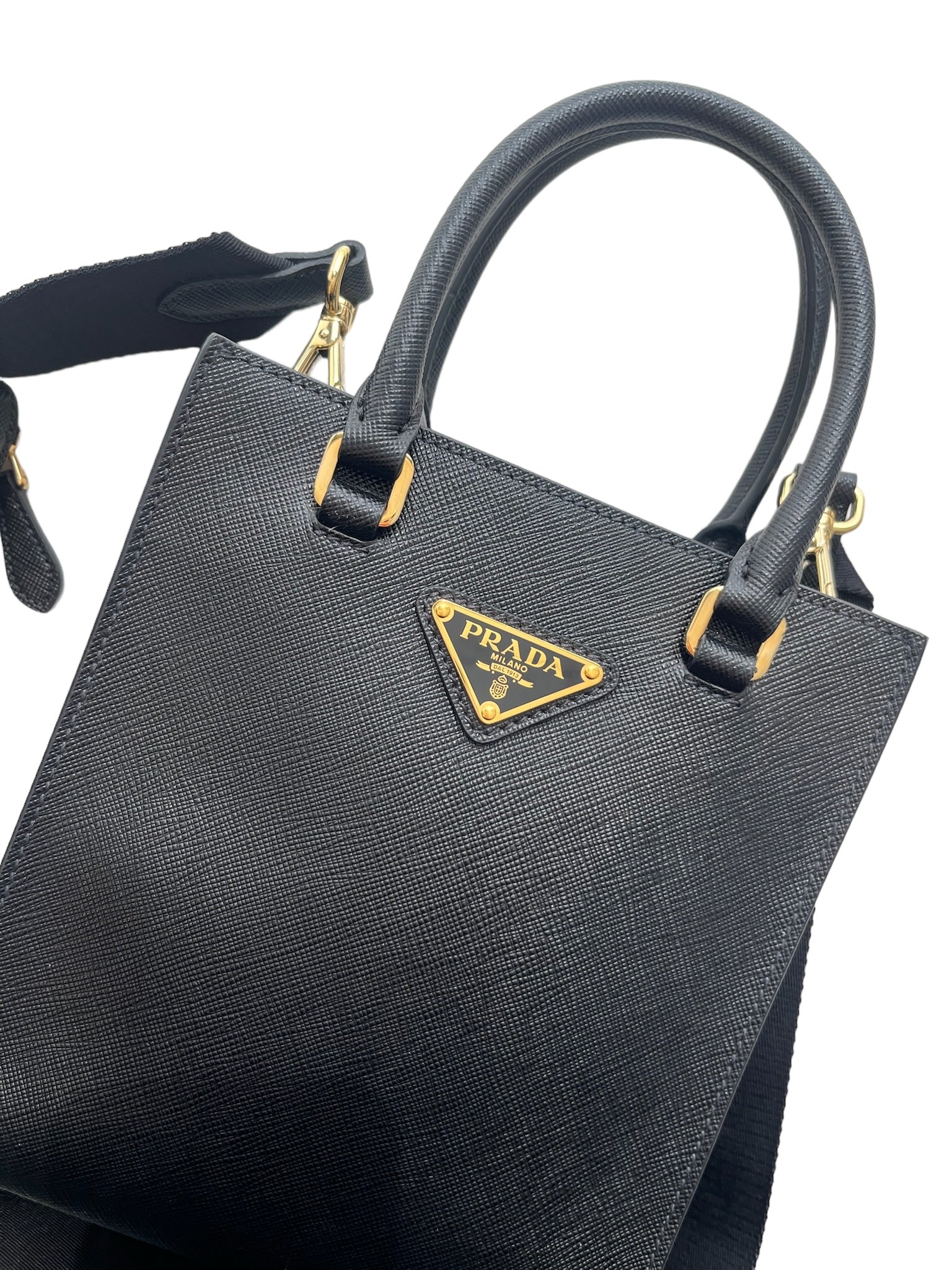 PRADA - Black Saffiano Triangle Logo Mini Crossbody Bag