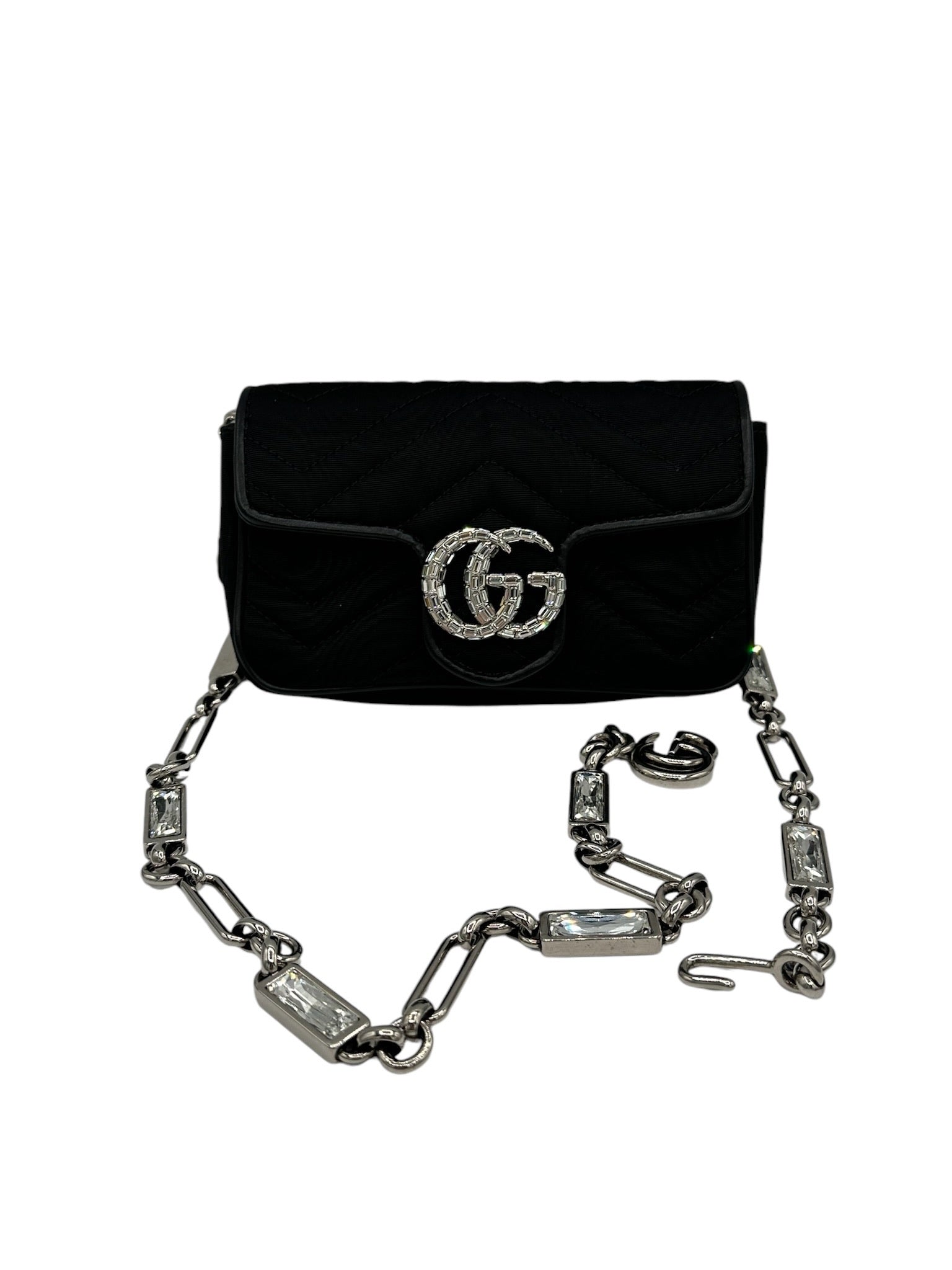 GUCCI - Bolso de hombro GG Marmont supermini de tejido muaré con cristales en color negro