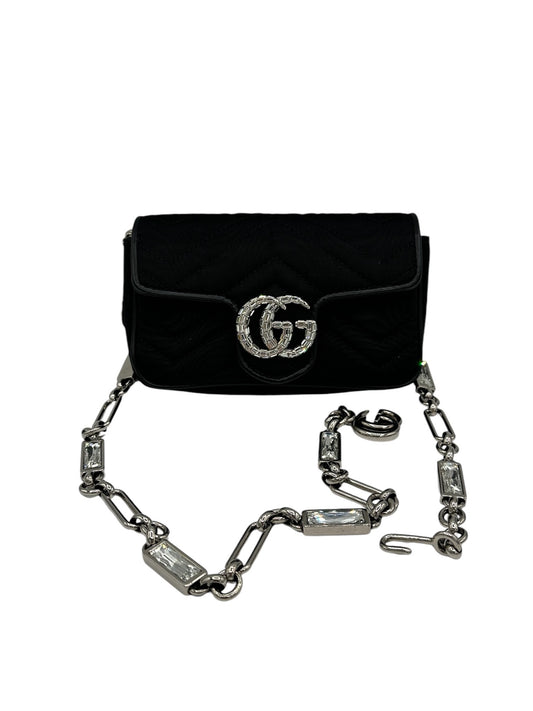 GUCCI - Black Moire Fabric Crystal Supermini GG Marmont Shoulder Bag