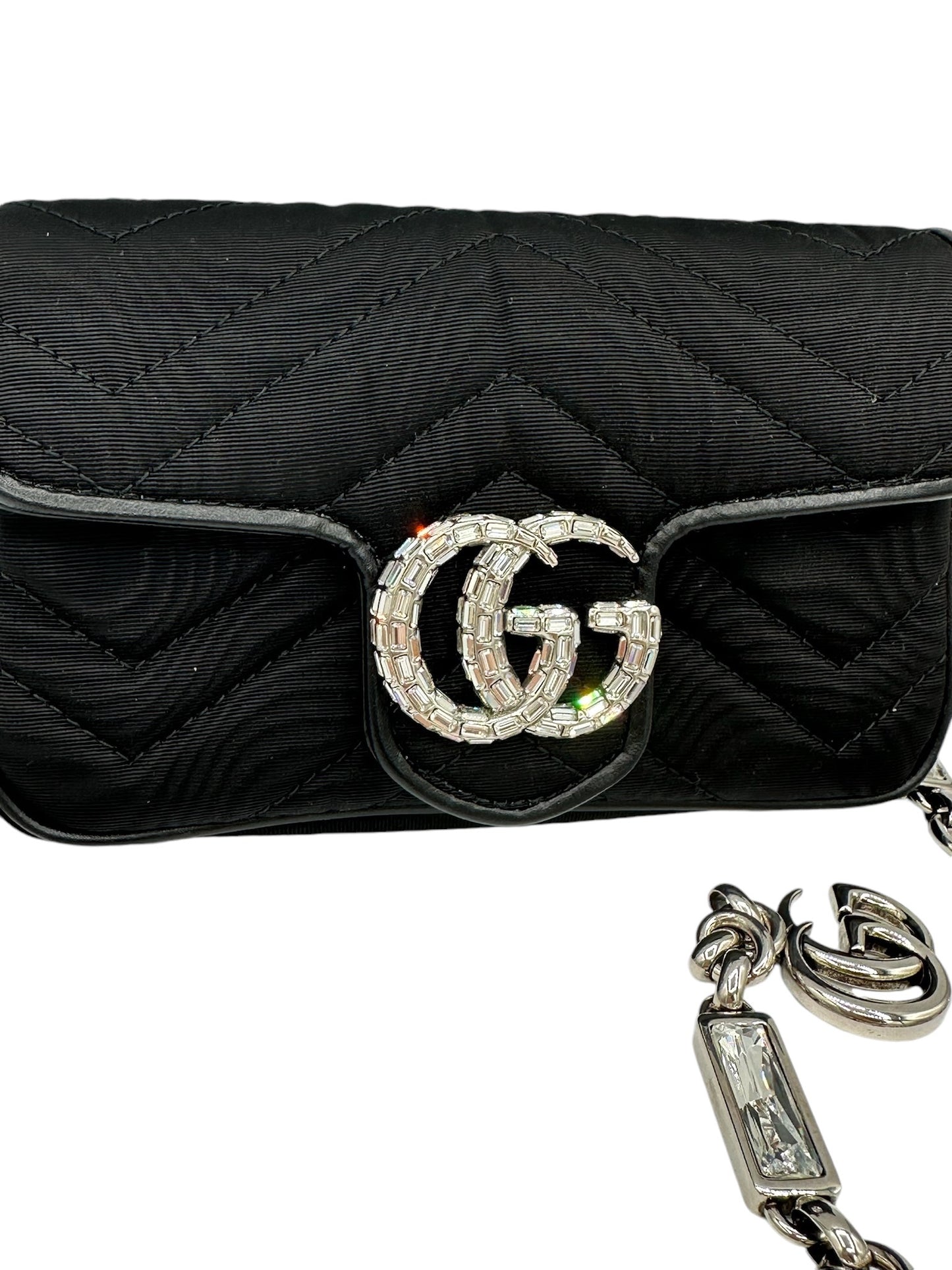 GUCCI - Black Moire Fabric Crystal Supermini GG Marmont Shoulder Bag