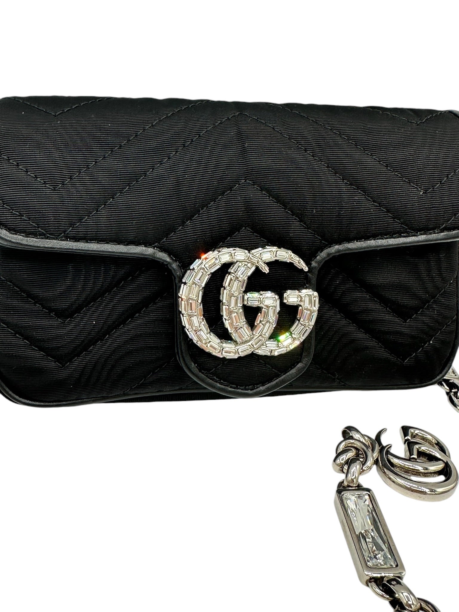 GUCCI - Bolso de hombro GG Marmont supermini de tejido muaré con cristales en color negro