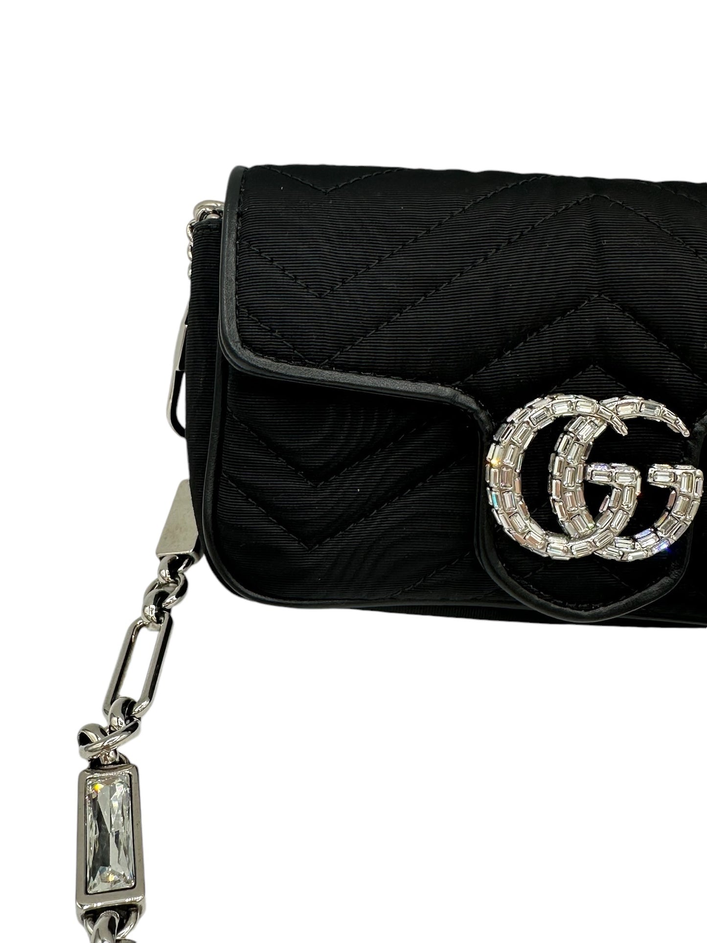 GUCCI - Black Moire Fabric Crystal Supermini GG Marmont Shoulder Bag