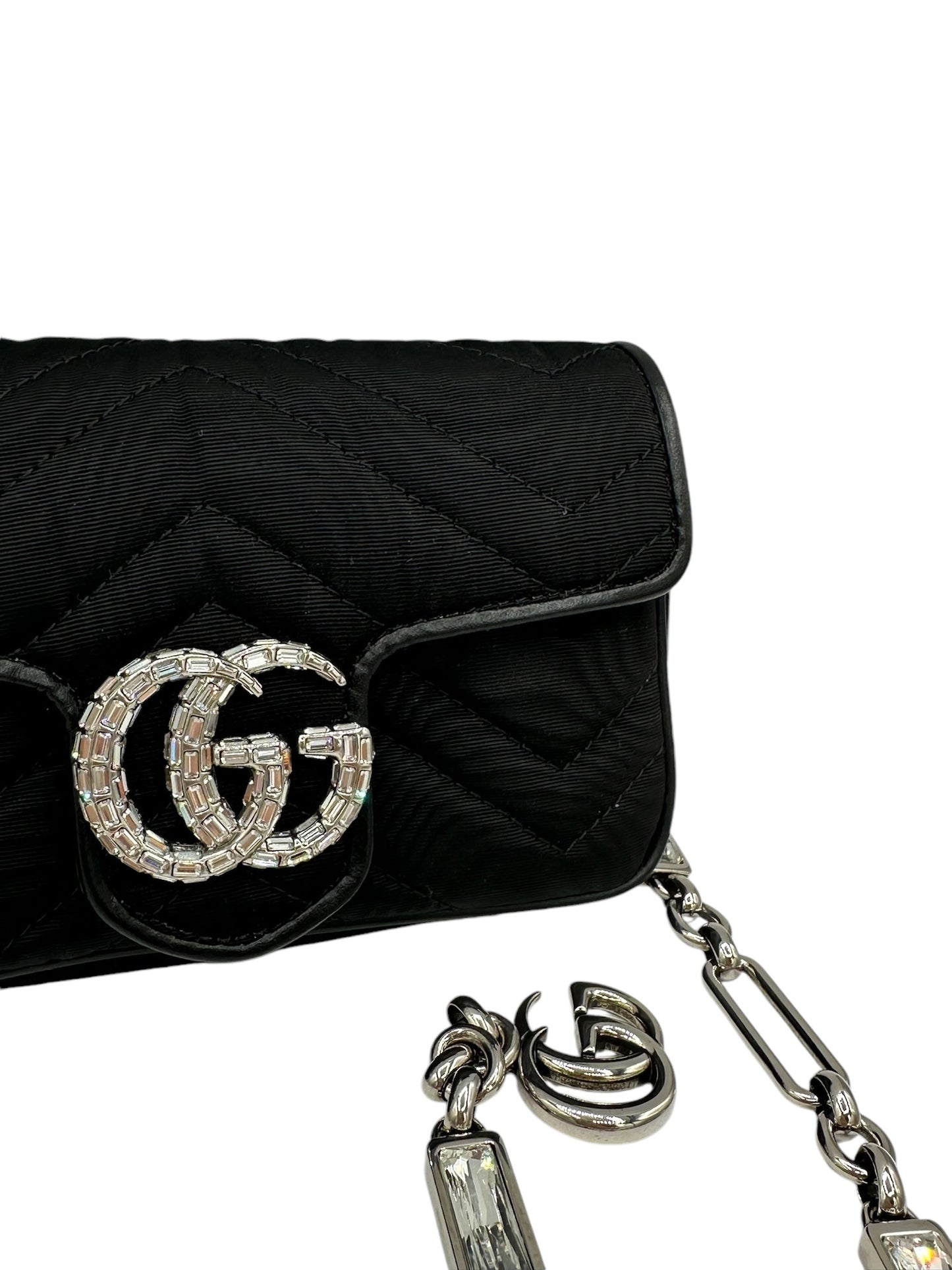 GUCCI - Black Moire Fabric Crystal Supermini GG Marmont Shoulder Bag