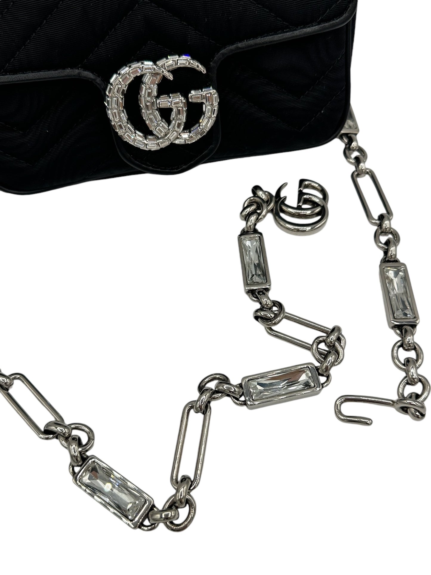 GUCCI - Black Moire Fabric Crystal Supermini GG Marmont Shoulder Bag