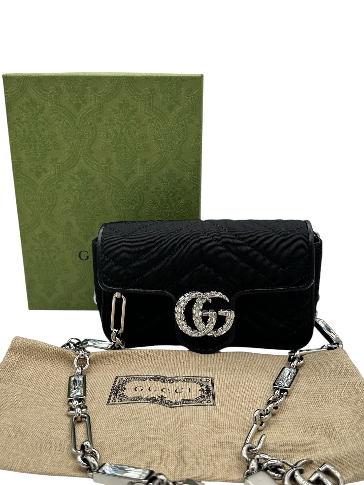 GUCCI - Black Moire Fabric Crystal Supermini GG Marmont Shoulder Bag