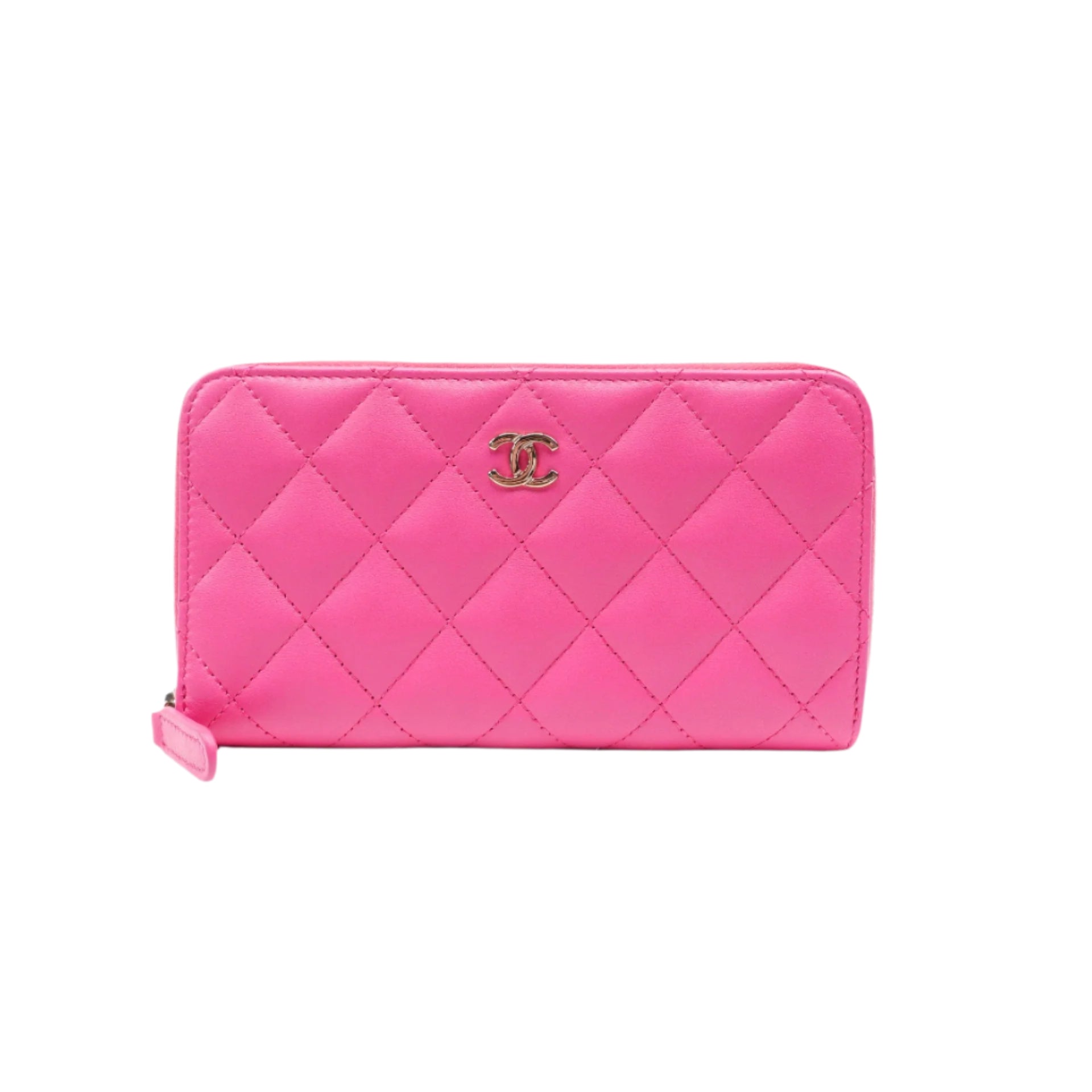 Cartera CC de piel de cordero rosa acolchada con fuelle grande y cremallera alrededor, USADA