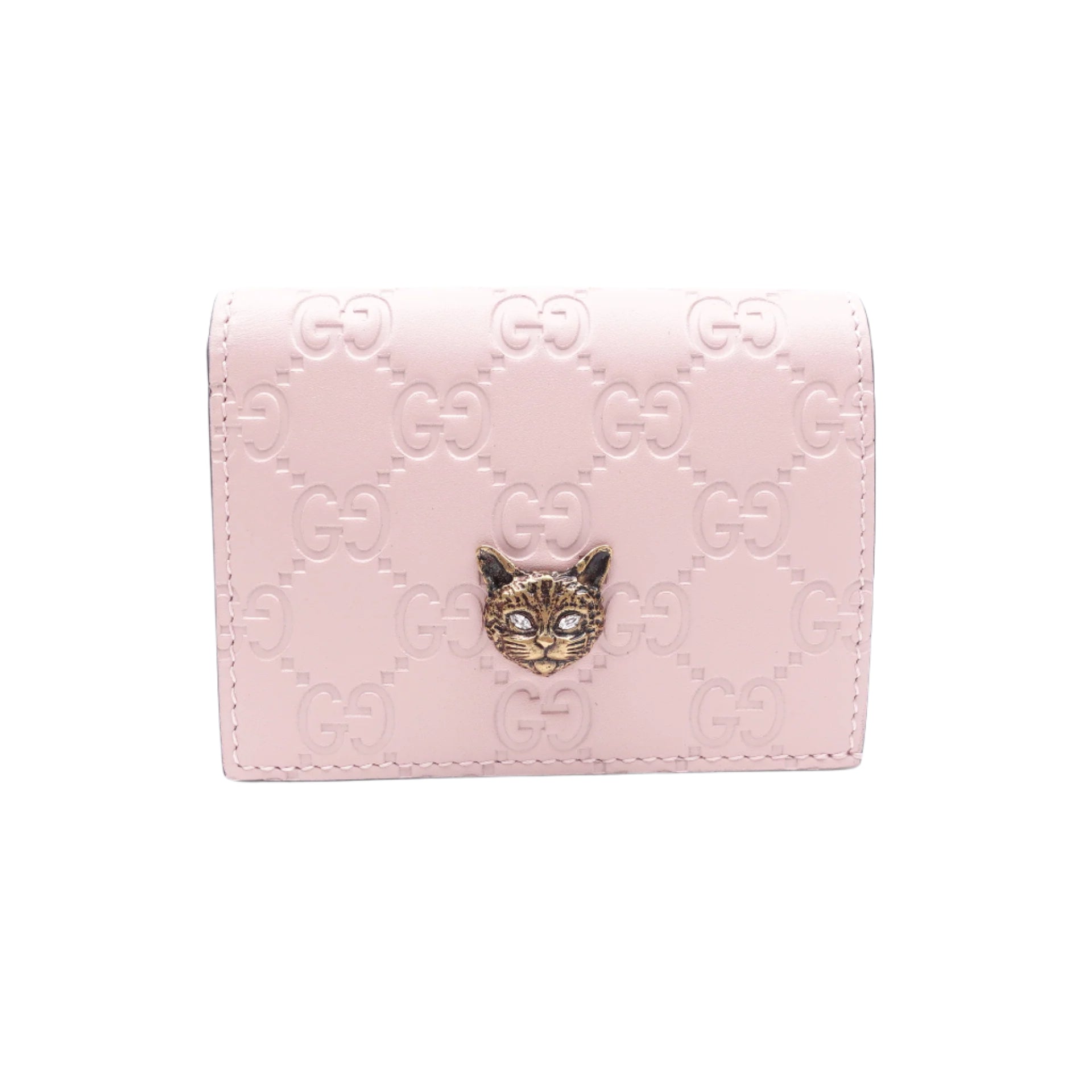 Cartera con tarjetero Guccissima Signature Crystal Cat de segunda mano, color rosa caramelo claro