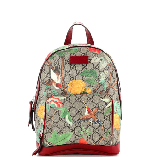 GUCCI - Mochila con bolsillo y cremallera en lona revestida con estampado Tian GG, tamaño pequeño