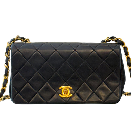 Vintage 24K Black Quilted Lambskin Half Full Flap Bag