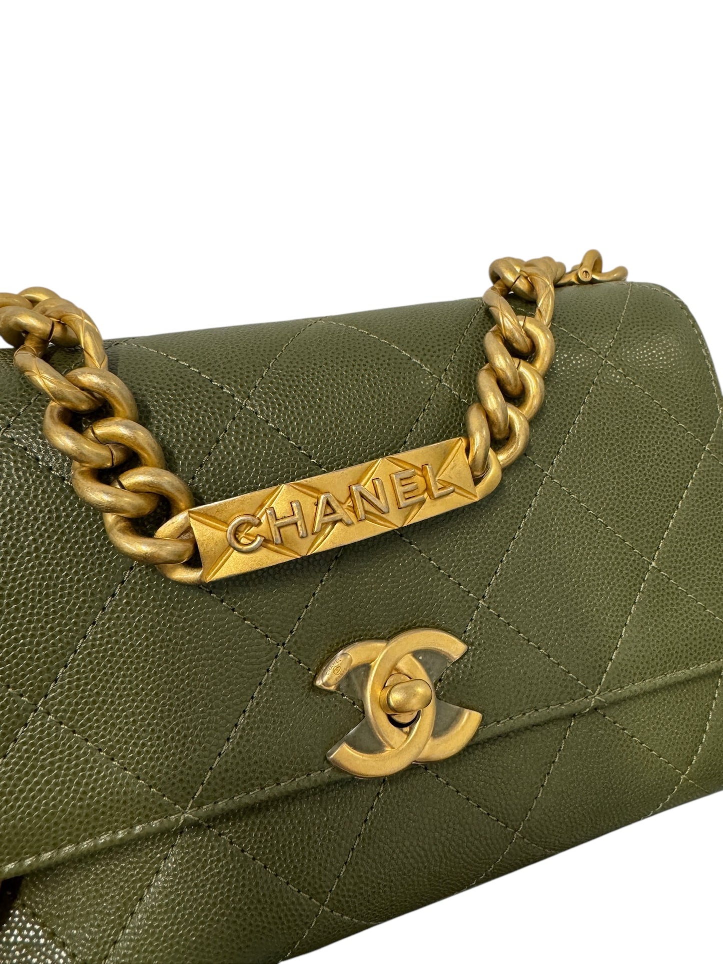 PRE-OWNED CC Green Quilted Caviar Mini Bracelet On Chain Flap Bag