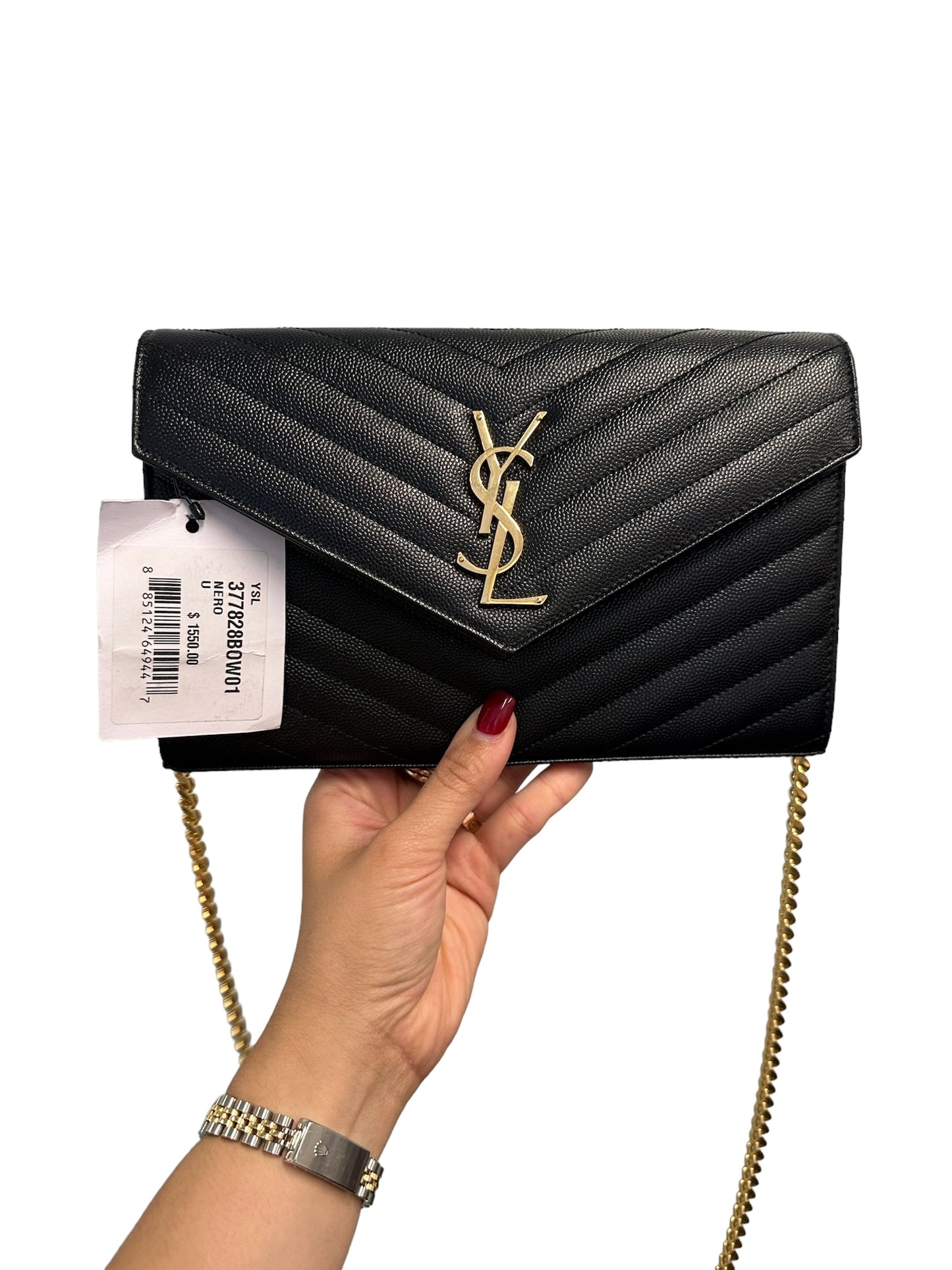 SAINT LAURENT - Black Grain De Poudre Classic Monogram Wallet on Chain