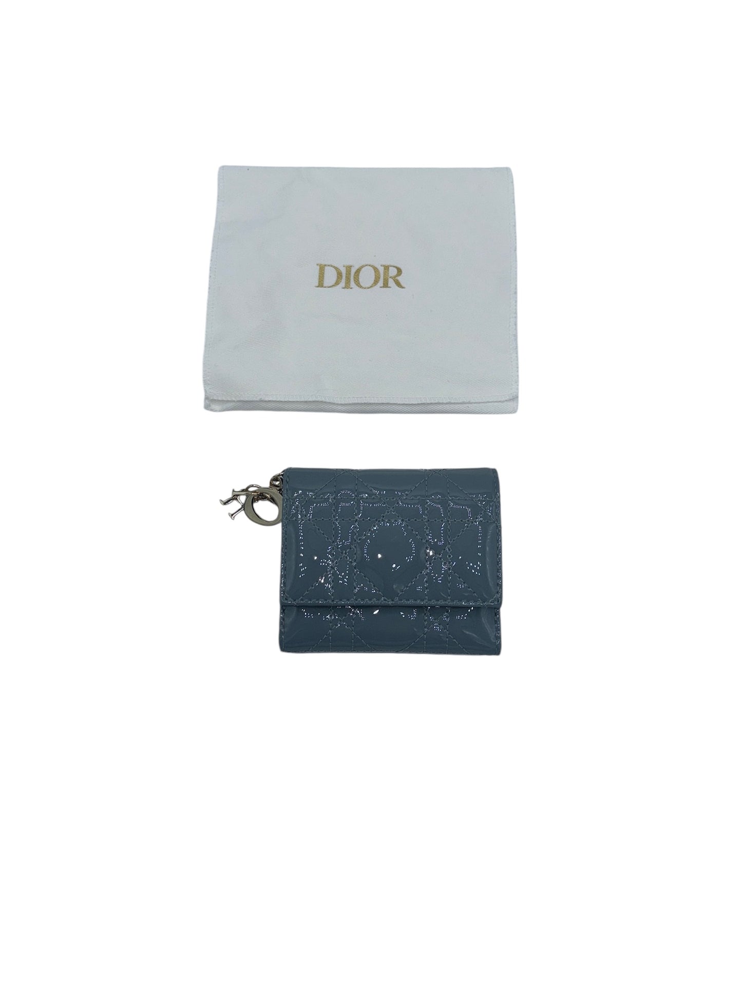 PRE-OWNED Lady Dior Lotus Wallet Trifold Wallet Blue Gray Patent Leather