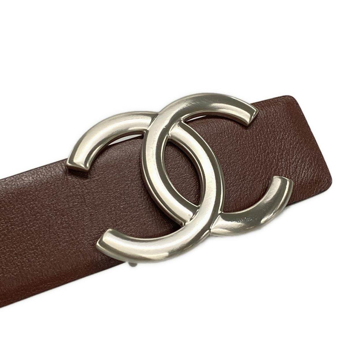 PRE-OWNED CC Bordeaux Black Silver Leather Hardware Belt