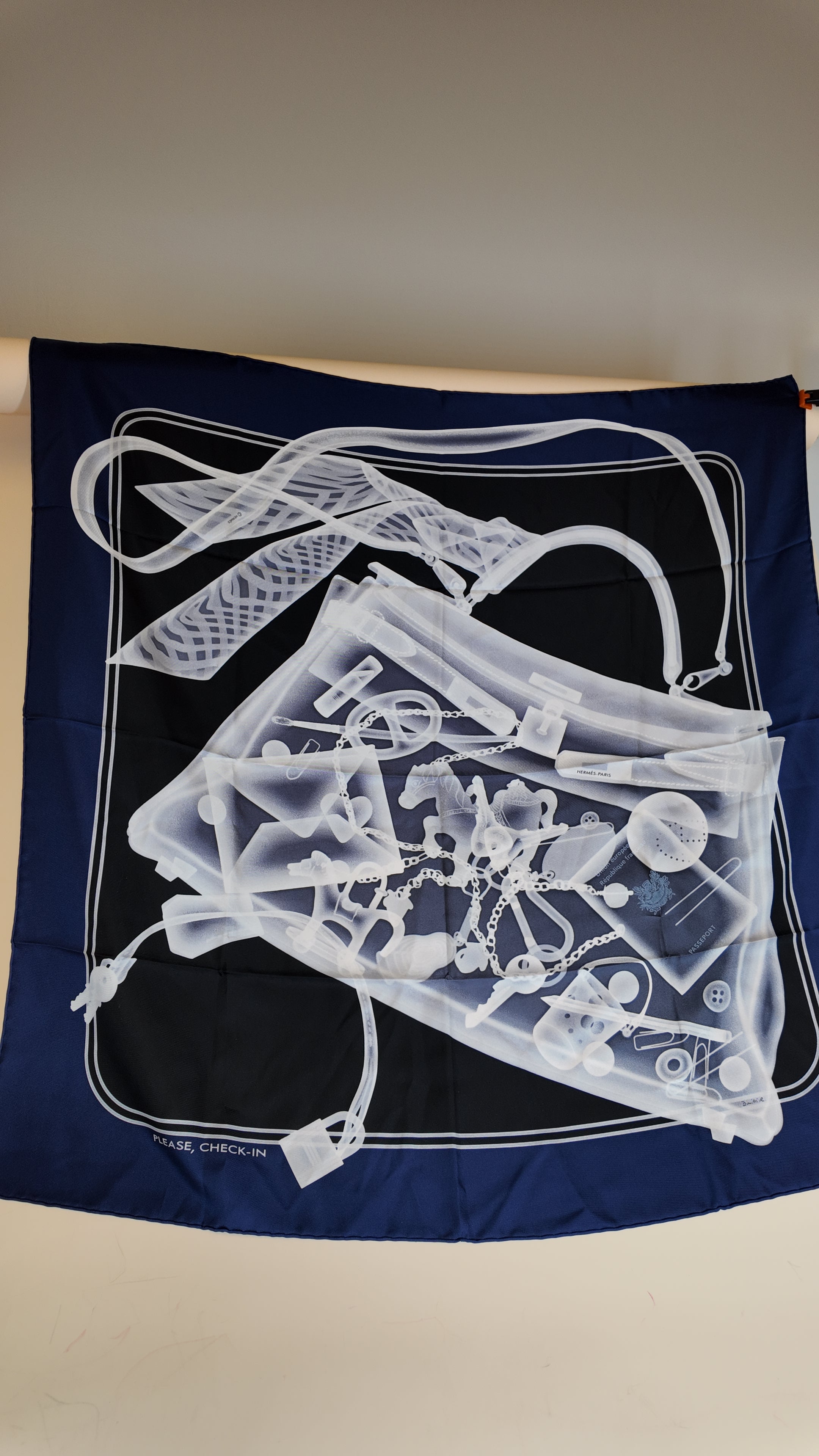 PRE-OWNED Navy Please, Check-In Silk Scarf