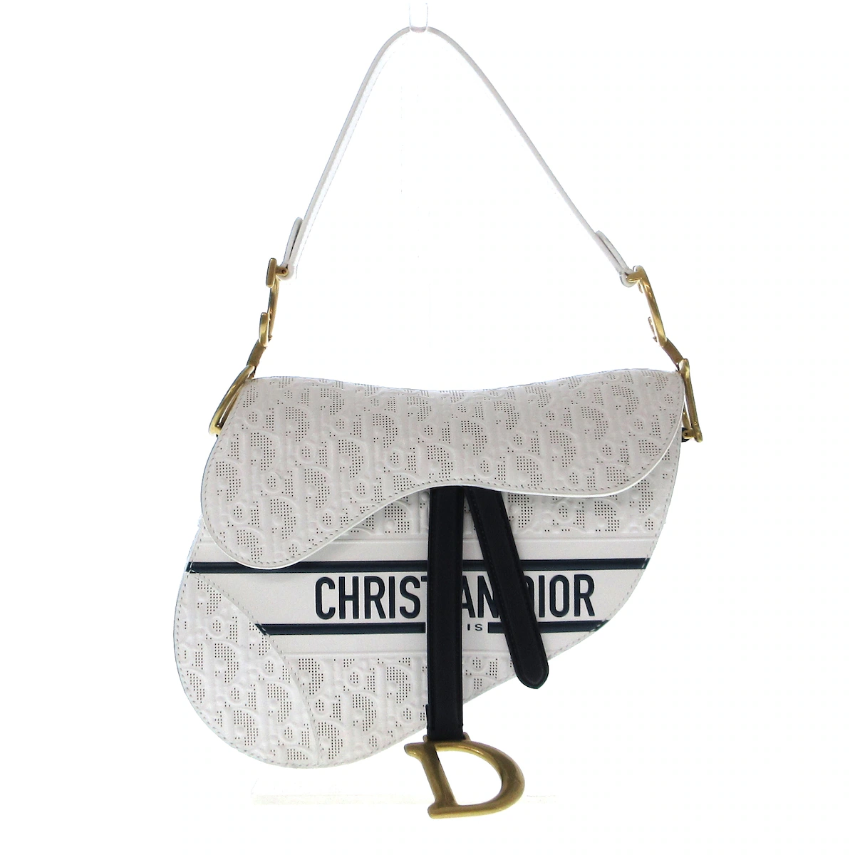 Bolso de hombro de cuero blanco y azul marino perforado oblicuo Saddle Bag USADO