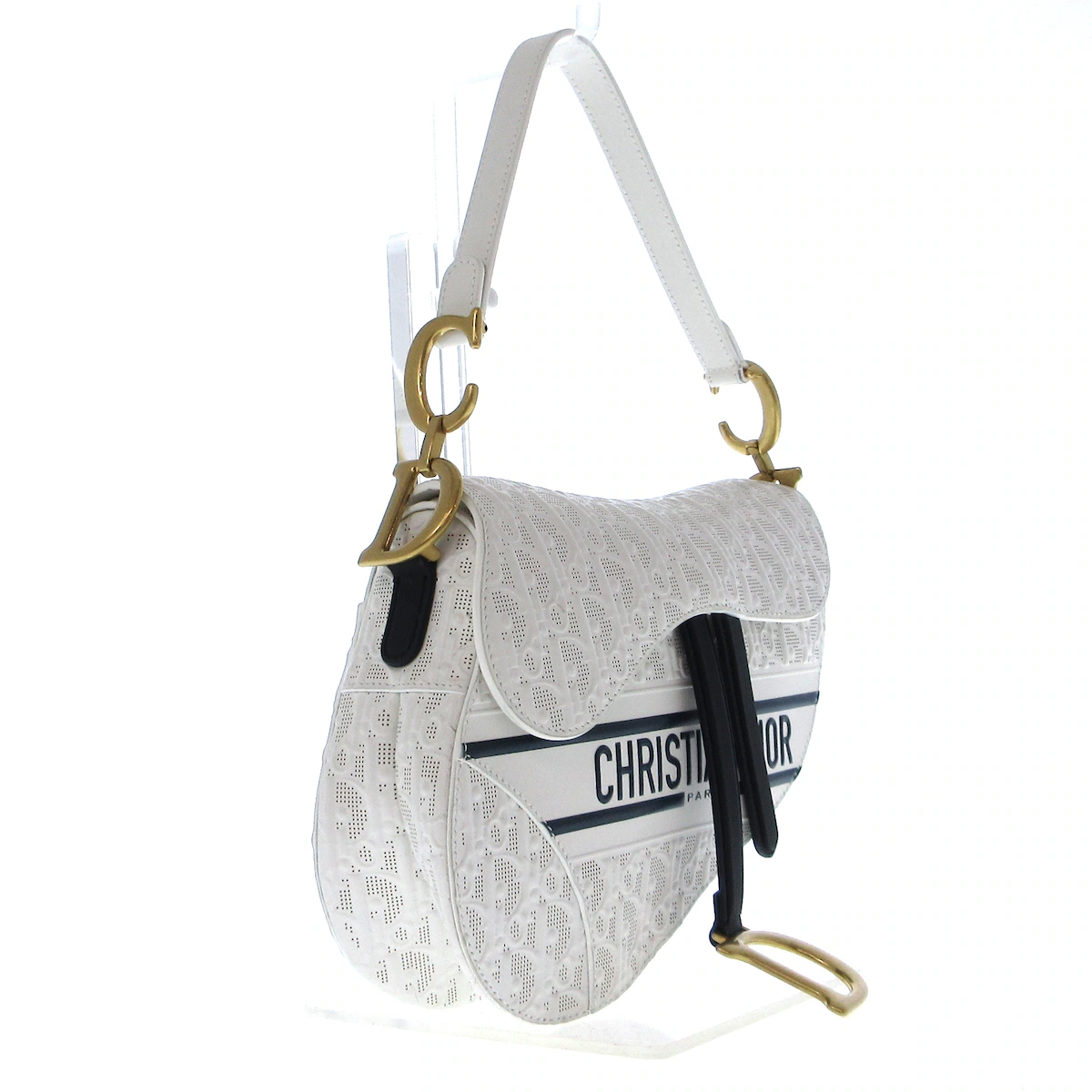 Bolso de hombro de cuero blanco y azul marino perforado oblicuo Saddle Bag USADO