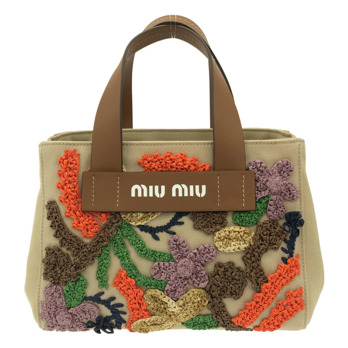 MIUMIU - Tote Bag Beige Orange Multi Canvas Chemical Fiber Leather