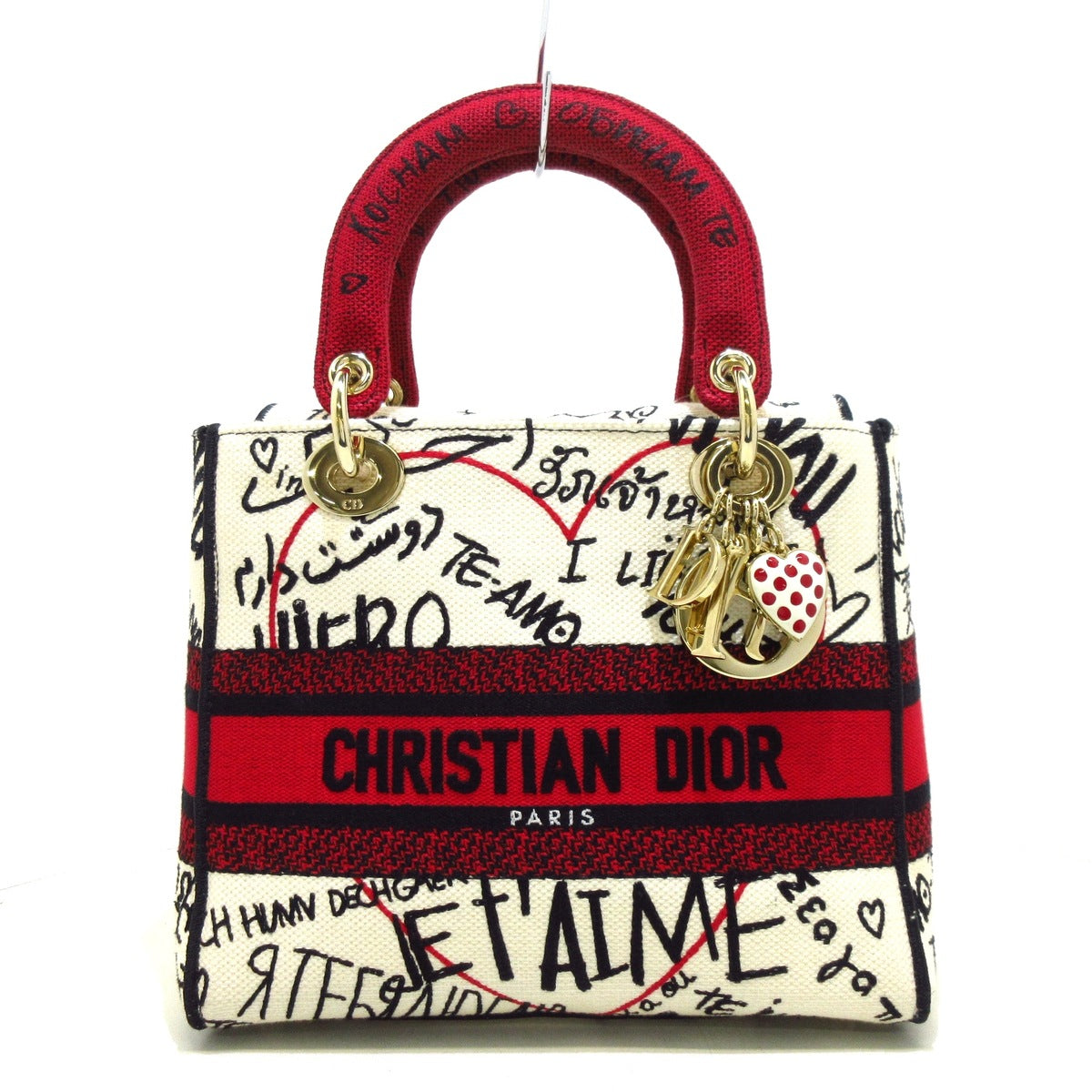 DIOR - Lady Dior Medium Bag Handbag Cream Red Black Jacquard