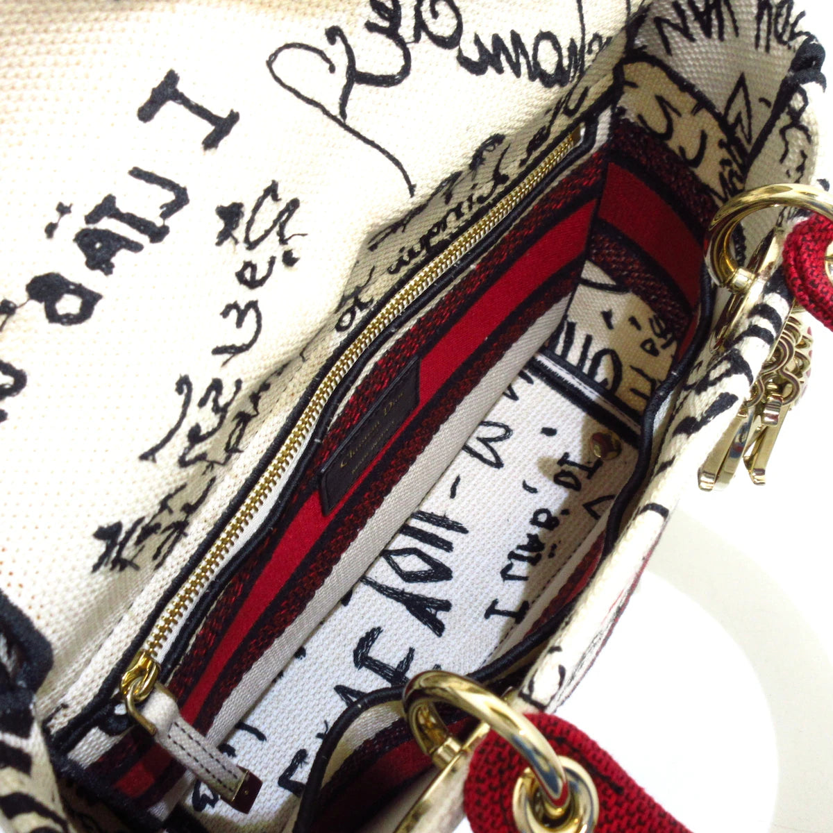 DIOR - Lady Dior Medium Bag Handbag Cream Red Black Jacquard