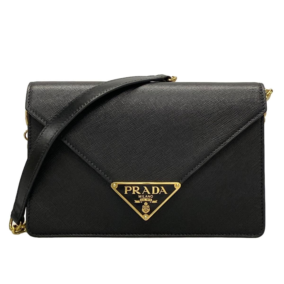 PRE-OWNED Triangle Gold Black Leather Shoulder Bag