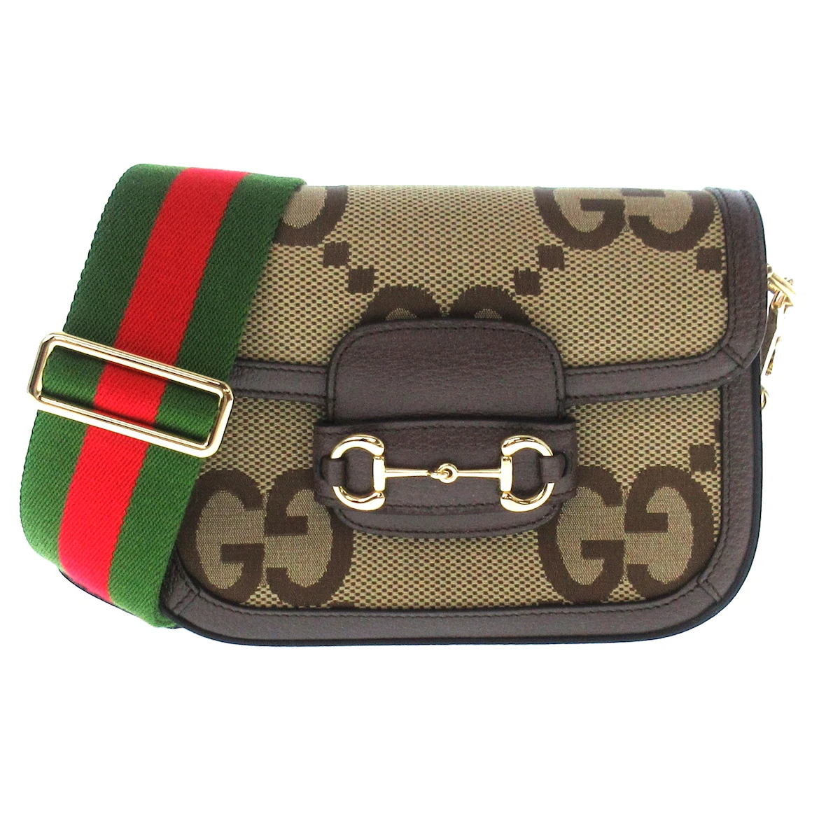 Bolso de hombro GG Horsebit 1955 Mini de piel jacquard en color beige y marrón oscuro USADO